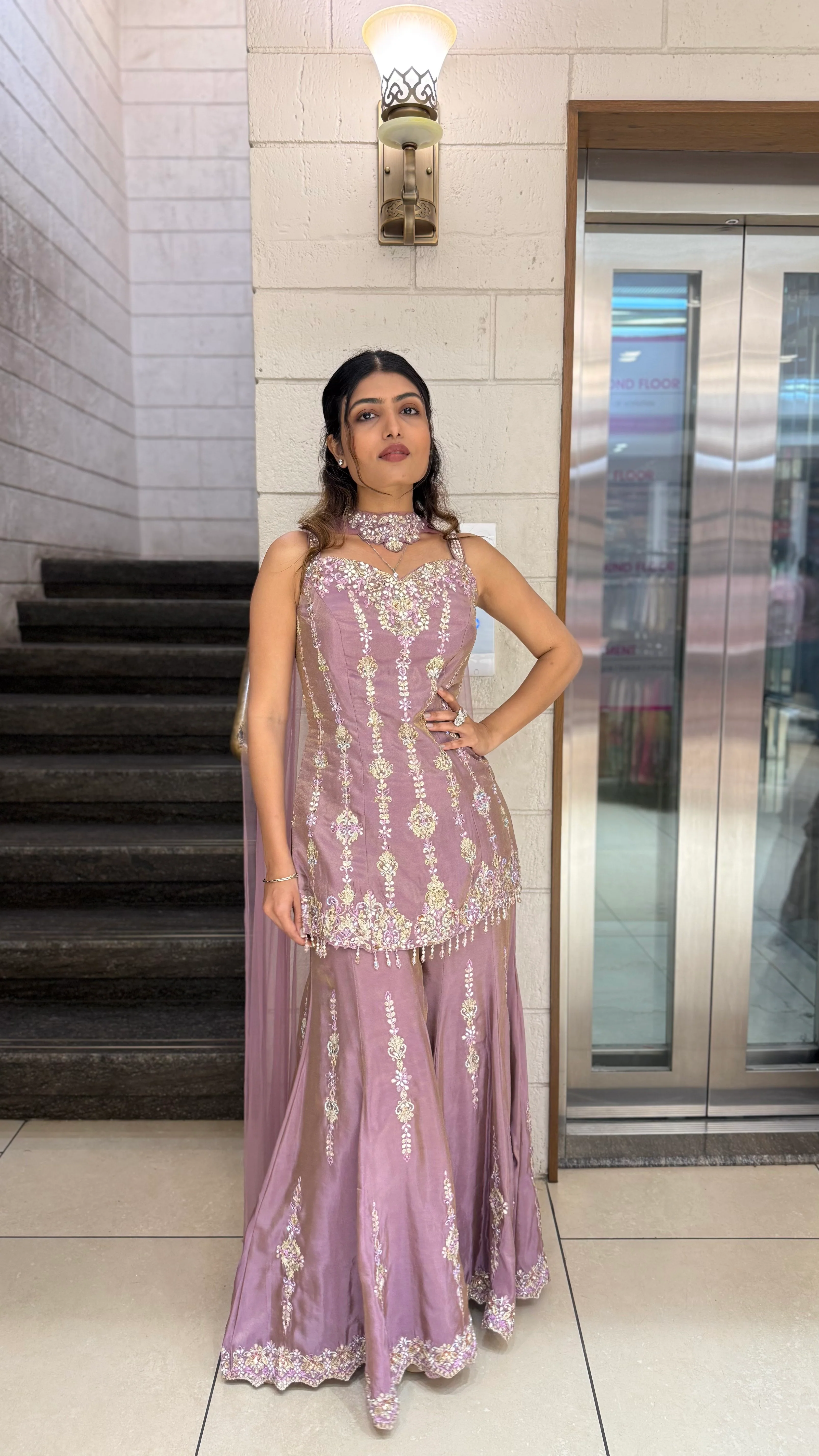 Dusty Mauve Designer Embroidered Kurta Sharara Set - Image 3
