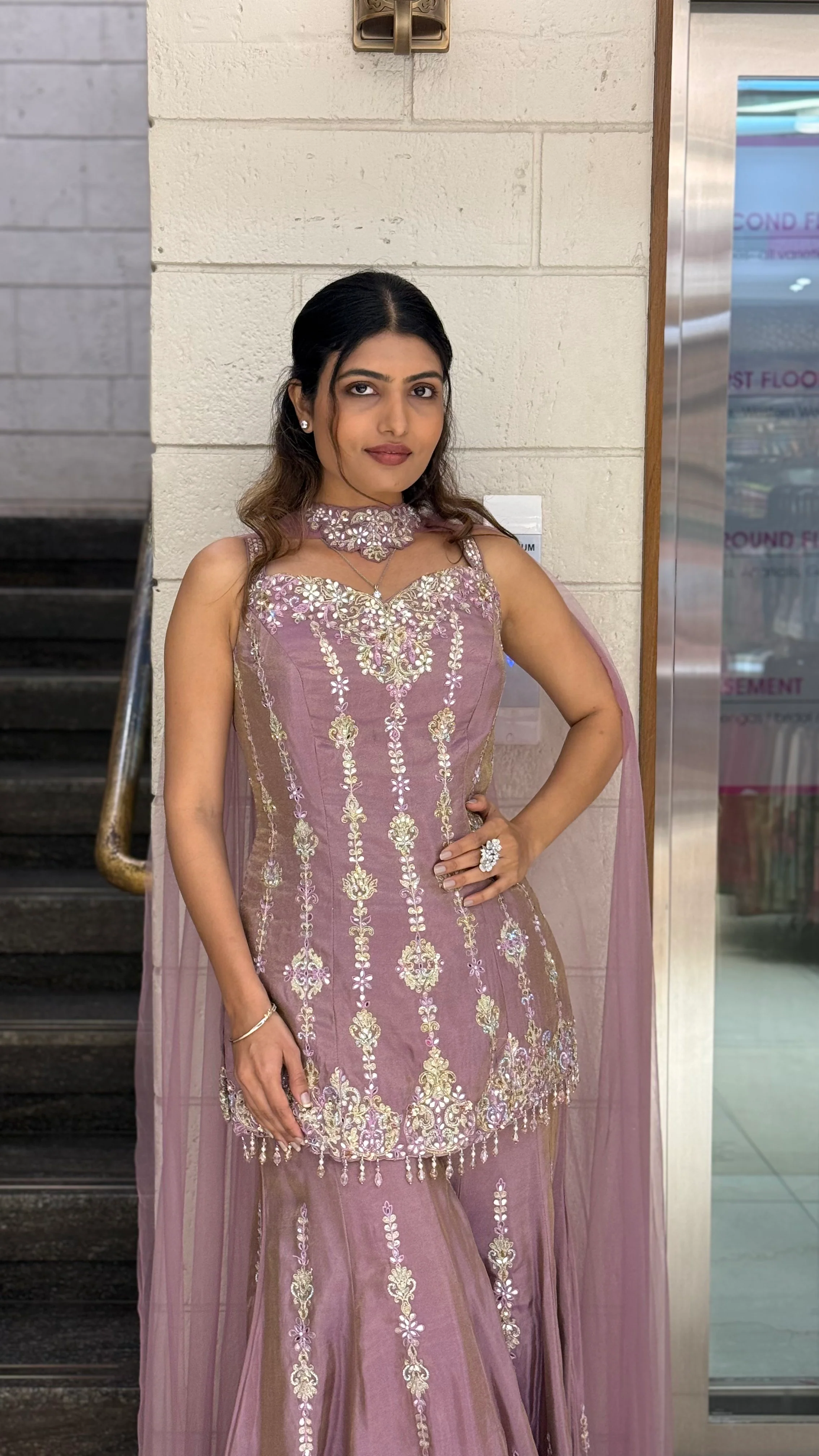 Dusty Mauve Designer Embroidered Kurta Sharara Set - Image 5