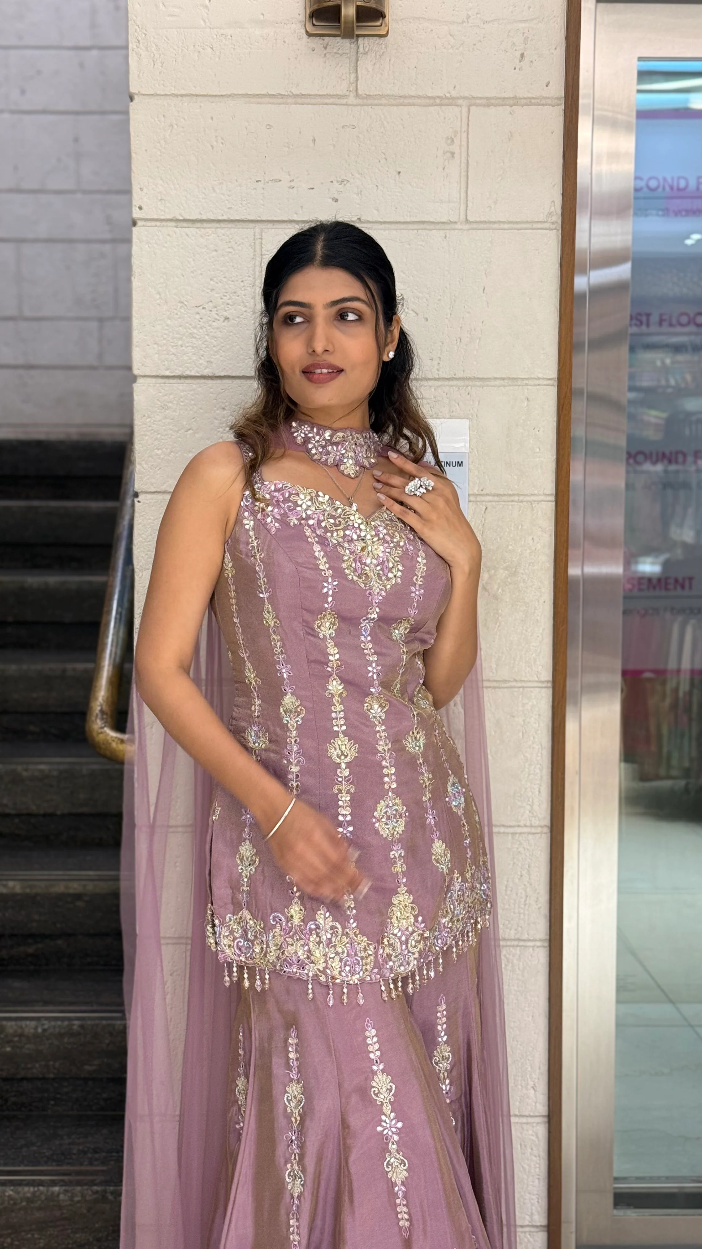 Dusty Mauve Designer Embroidered Kurta Sharara Set - Image 6