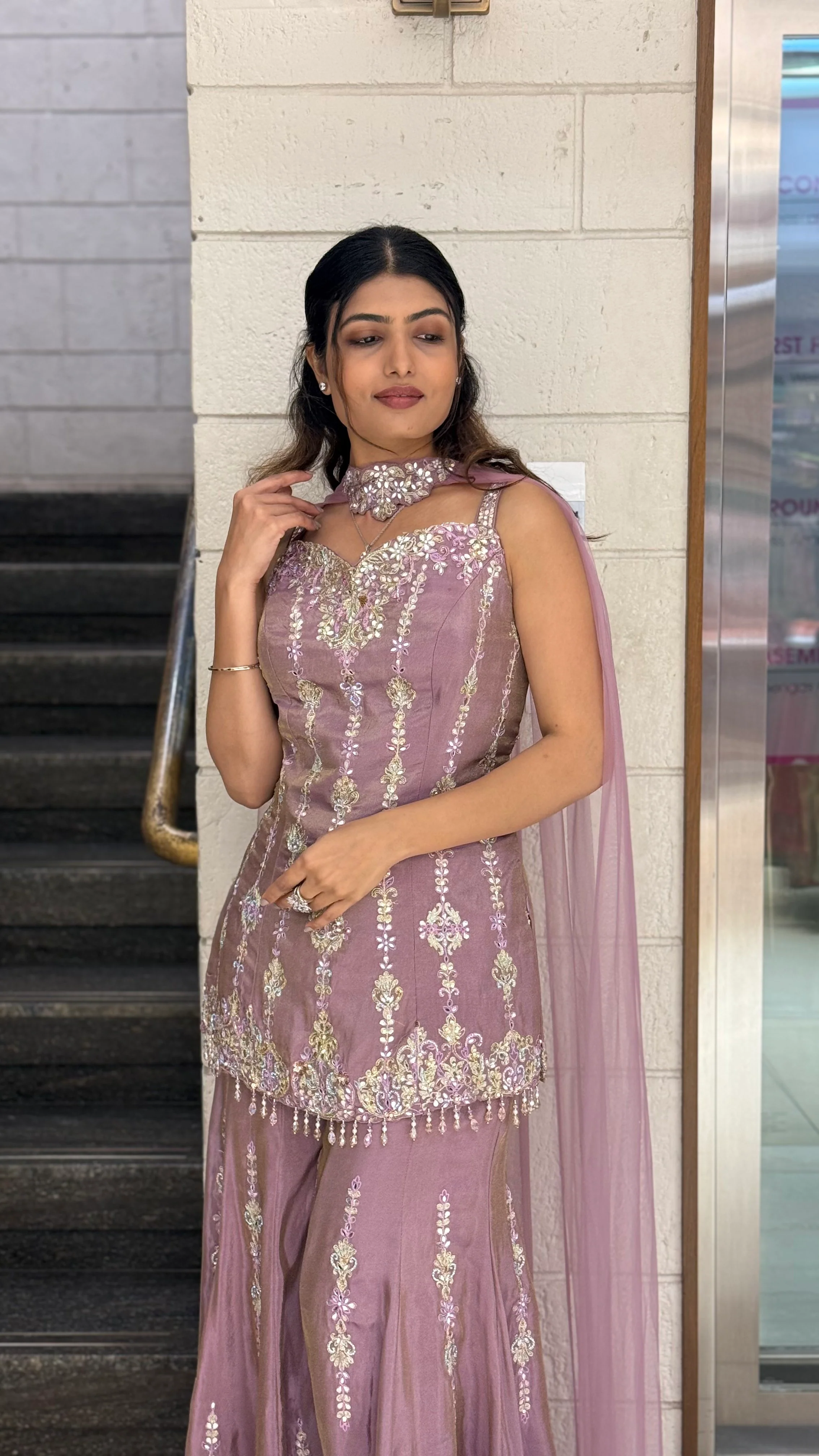 Dusty Mauve Designer Embroidered Kurta Sharara Set - Image 7