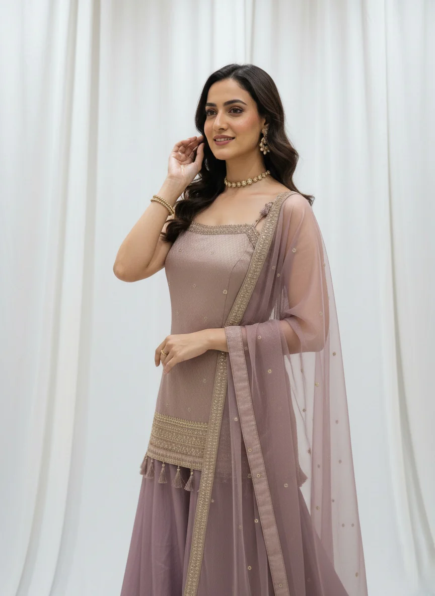Dusty Mauve Embroidered Palazzo Suit with Net Dupatta Set - Image 2