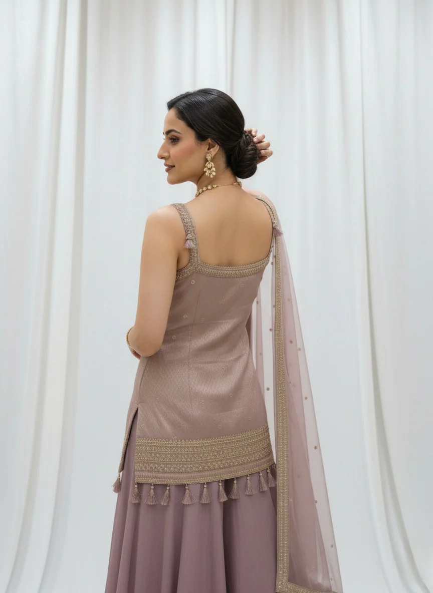 Dusty Mauve Embroidered Palazzo Suit with Net Dupatta Set - Image 3