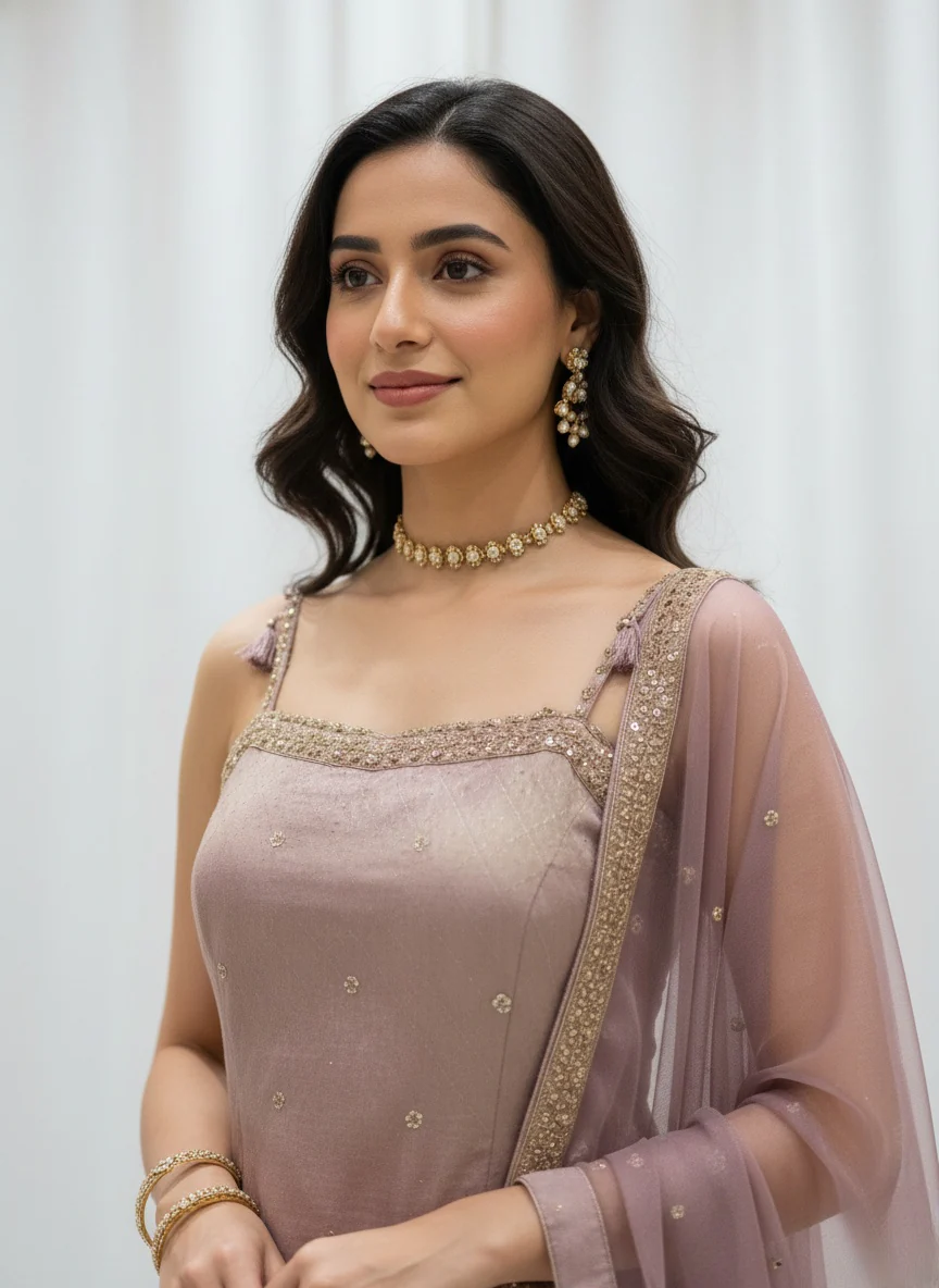 Dusty Mauve Embroidered Palazzo Suit with Net Dupatta Set - Image 4