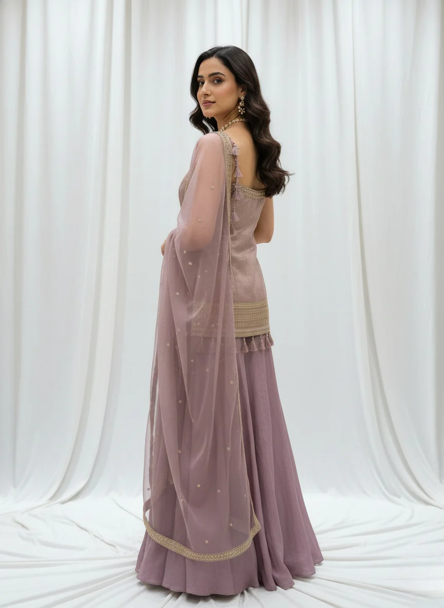 Dusty Mauve Embroidered Palazzo Suit with Net Dupatta Set - Image 5