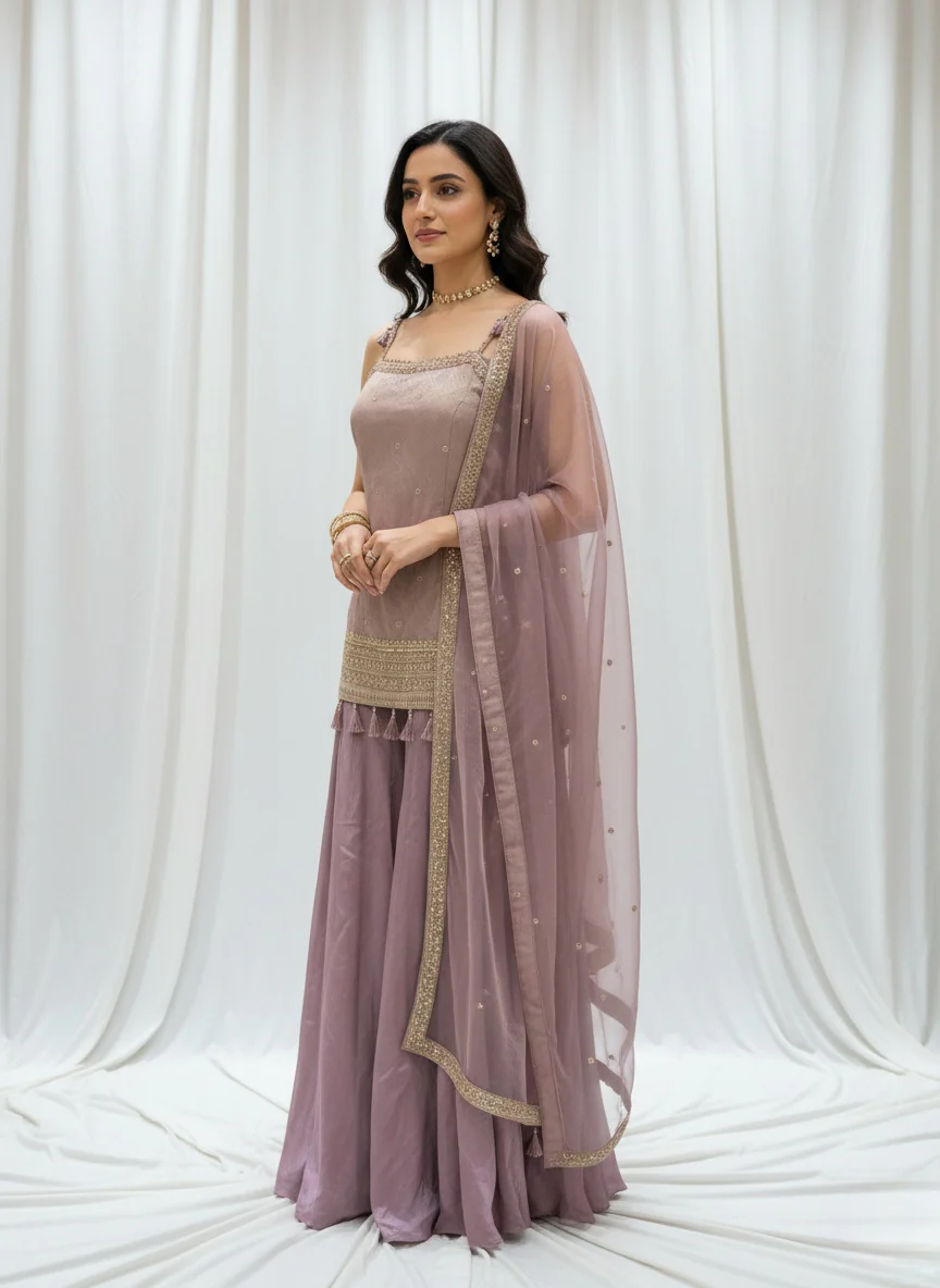 Dusty Mauve Embroidered Palazzo Suit with Net Dupatta Set - Image 6
