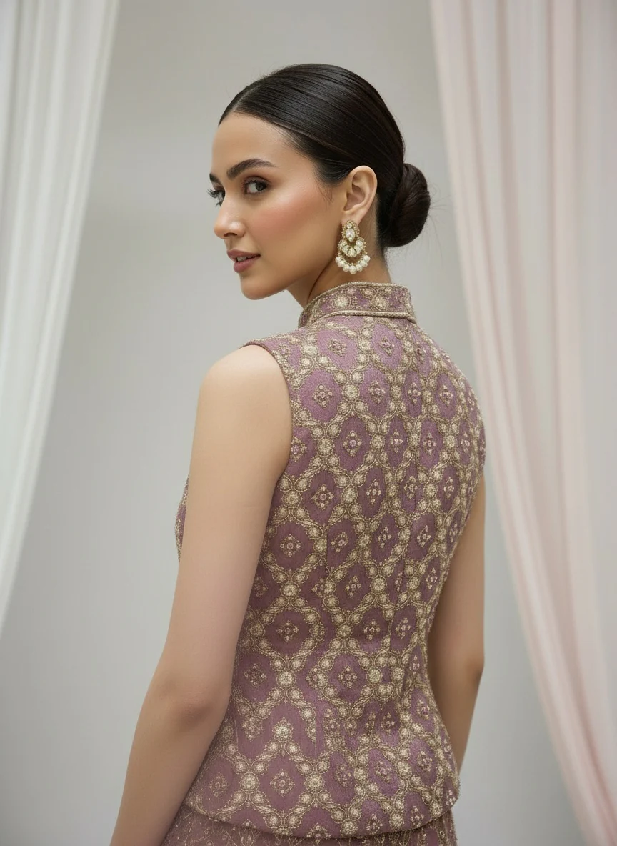 Dusty Mauve & Gold Brocade Sleeveless Top with Flared Palazzo Set - Image 3