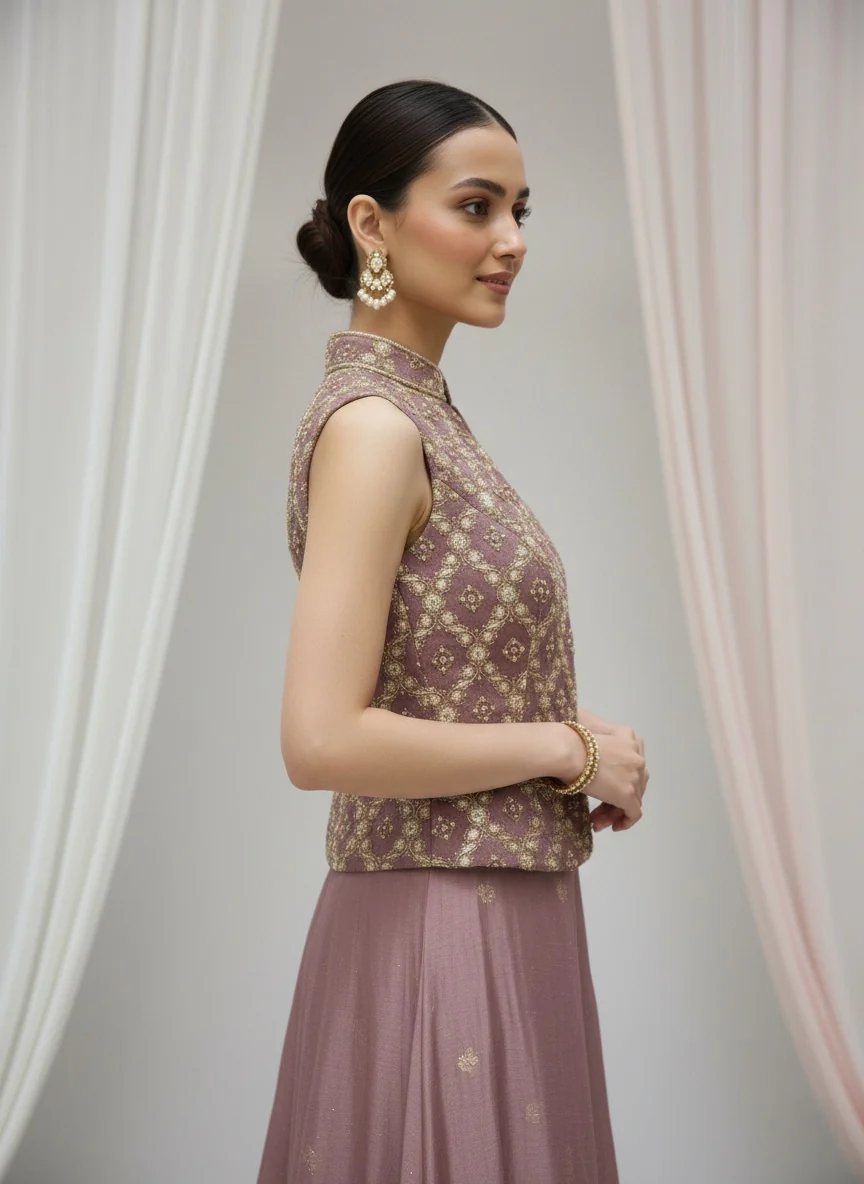Dusty Mauve & Gold Brocade Sleeveless Top with Flared Palazzo Set - Image 4