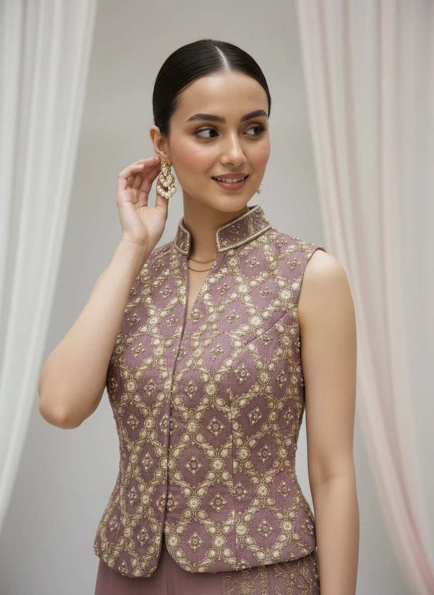 Dusty Mauve & Gold Brocade Sleeveless Top with Flared Palazzo Set - Image 5
