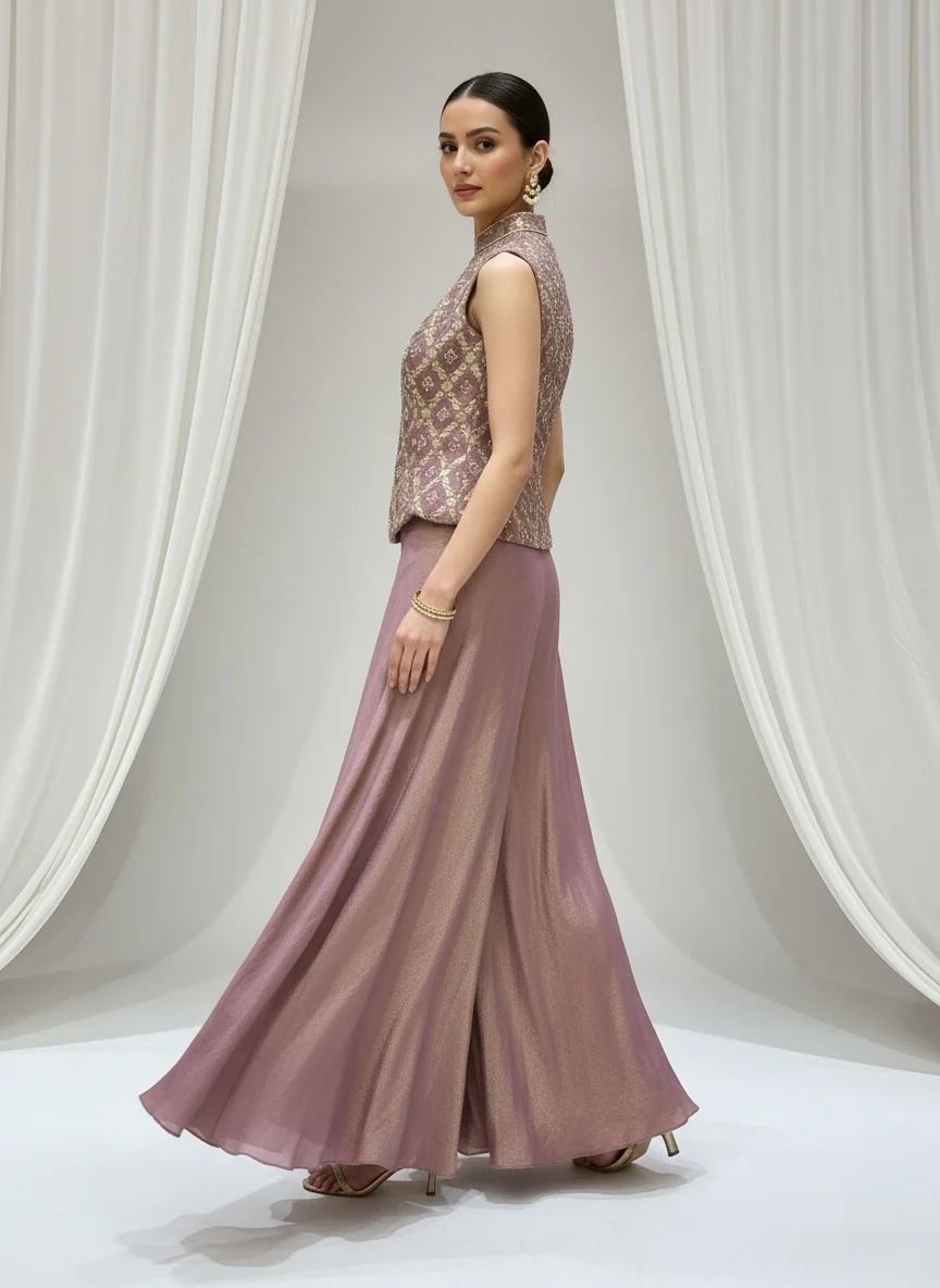 Dusty Mauve & Gold Brocade Sleeveless Top with Flared Palazzo Set - Image 6