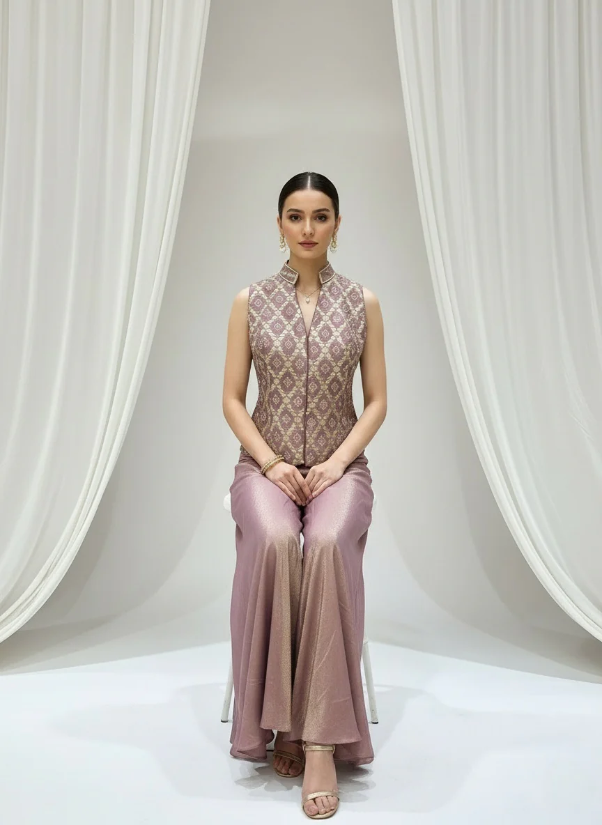 Dusty Mauve & Gold Brocade Sleeveless Top with Flared Palazzo Set - Image 7