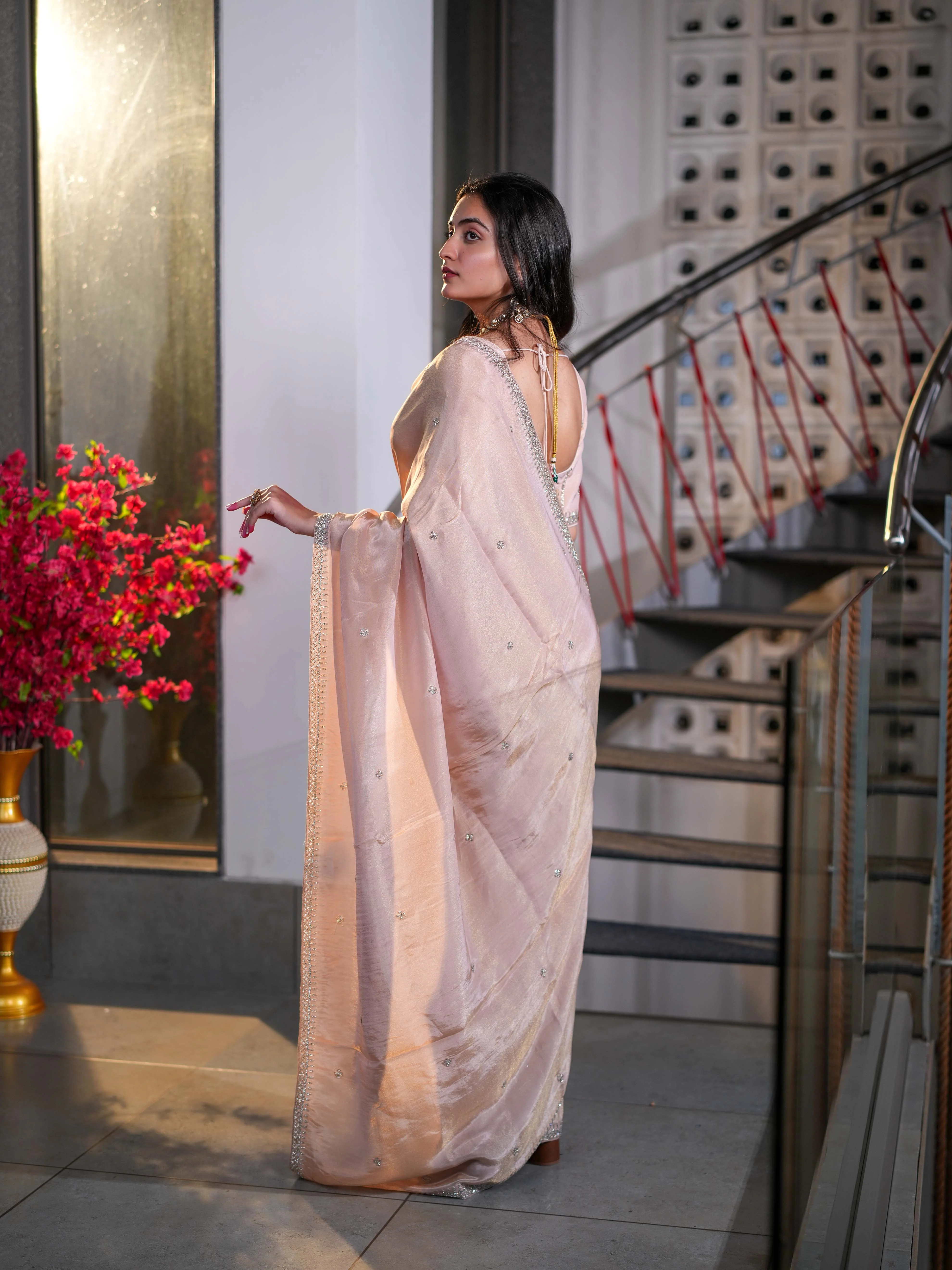 Dusty Pink Tissue Crepe Silk Saree with Delicate Embellishments Unstitched Blouse - Image 3