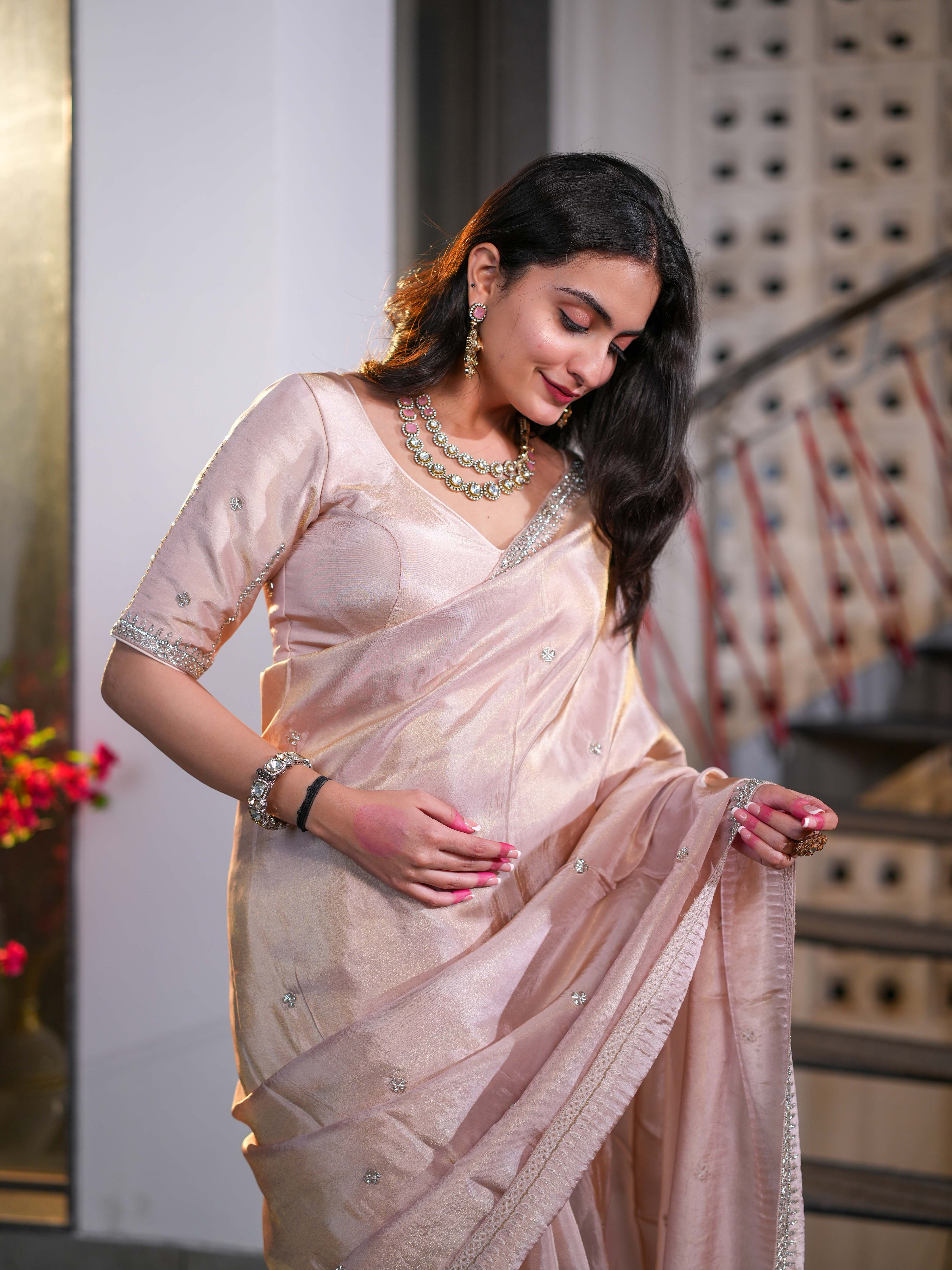 Dusty Pink Tissue Crepe Silk Saree with Delicate Embellishments Unstitched Blouse - Image 4