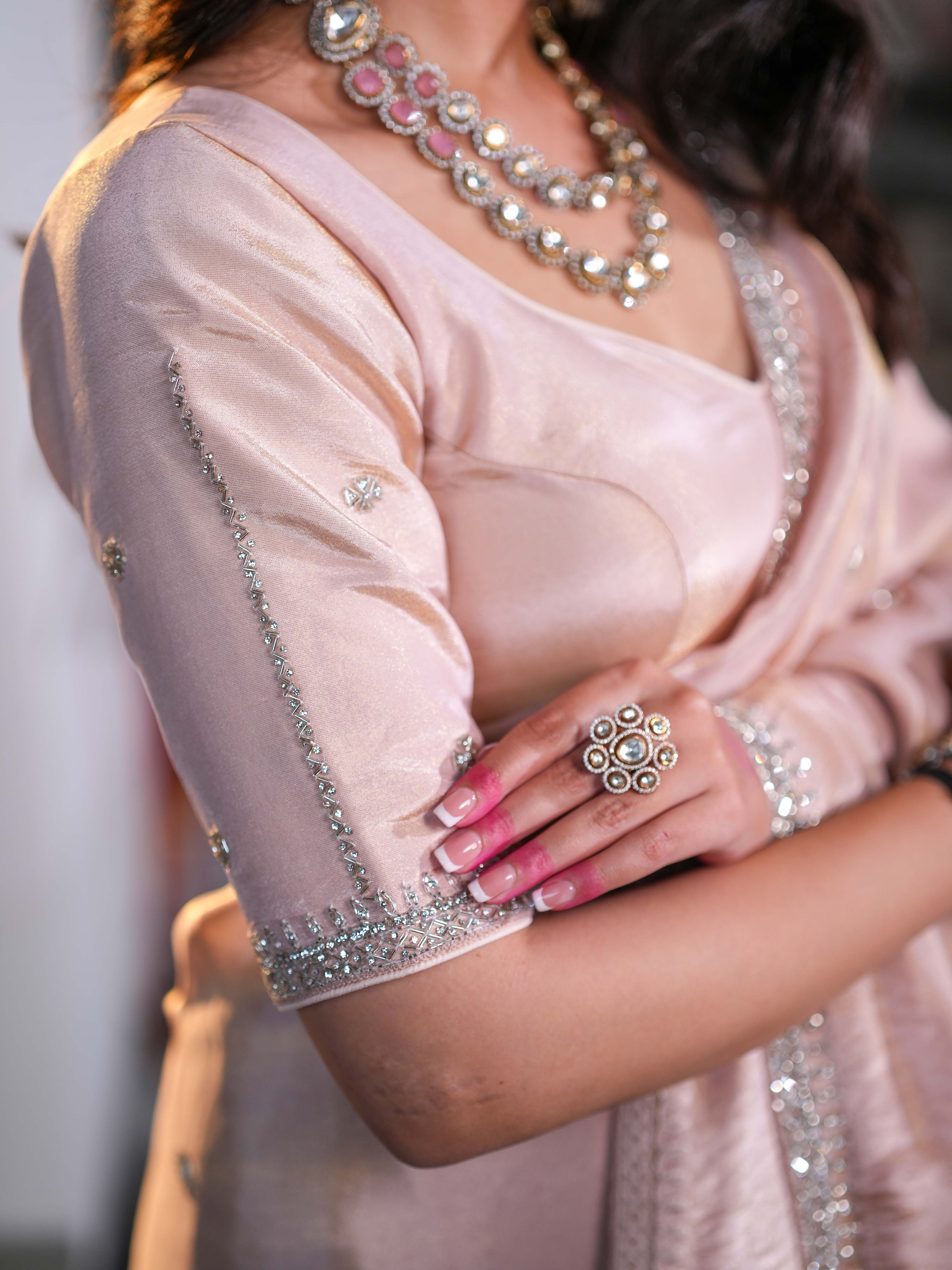 Dusty Pink Tissue Crepe Silk Saree with Delicate Embellishments Unstitched Blouse - Image 6