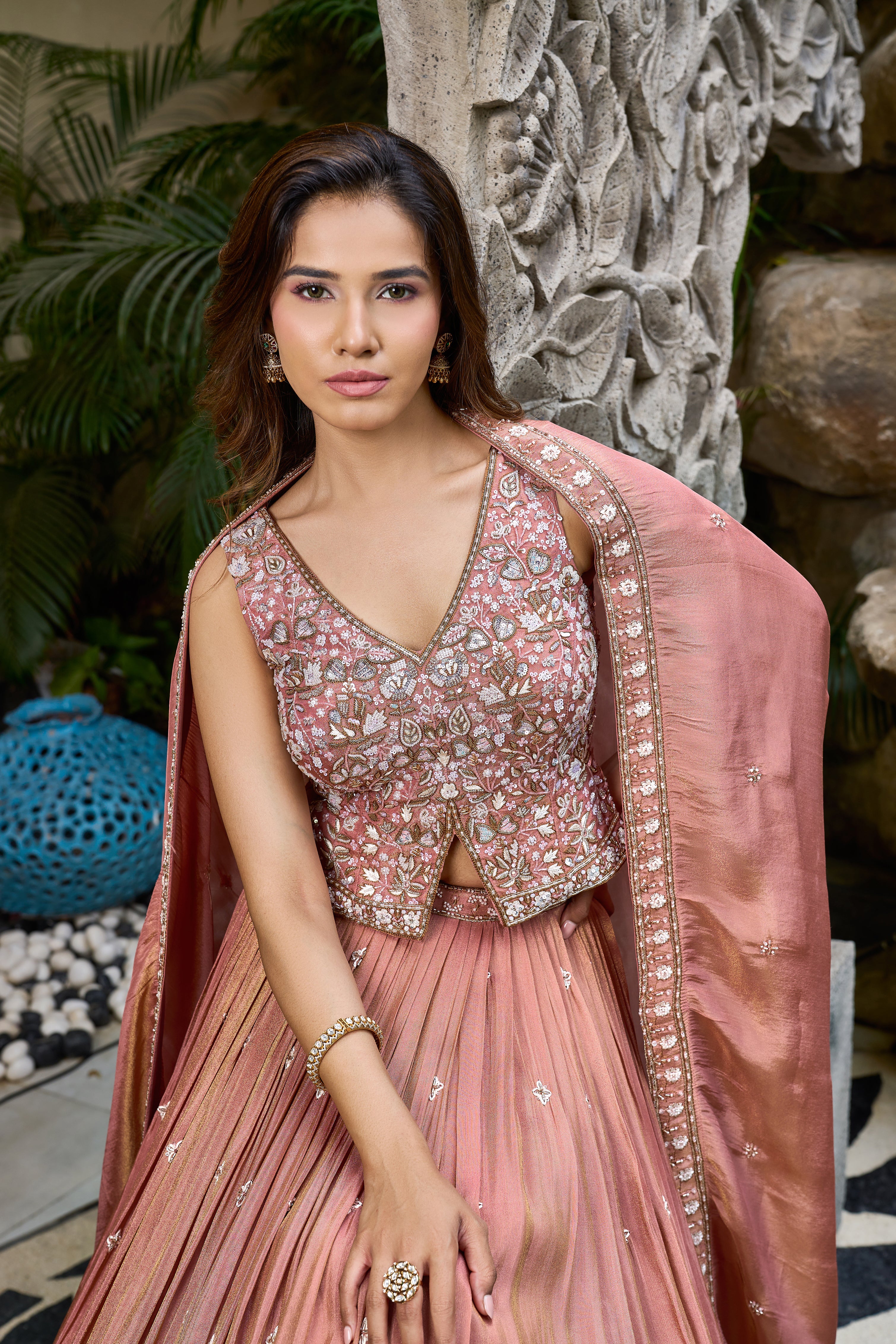 Dusty Rose Designer Gown with Embroidered Bodice & Floral Border Flair - Image 2