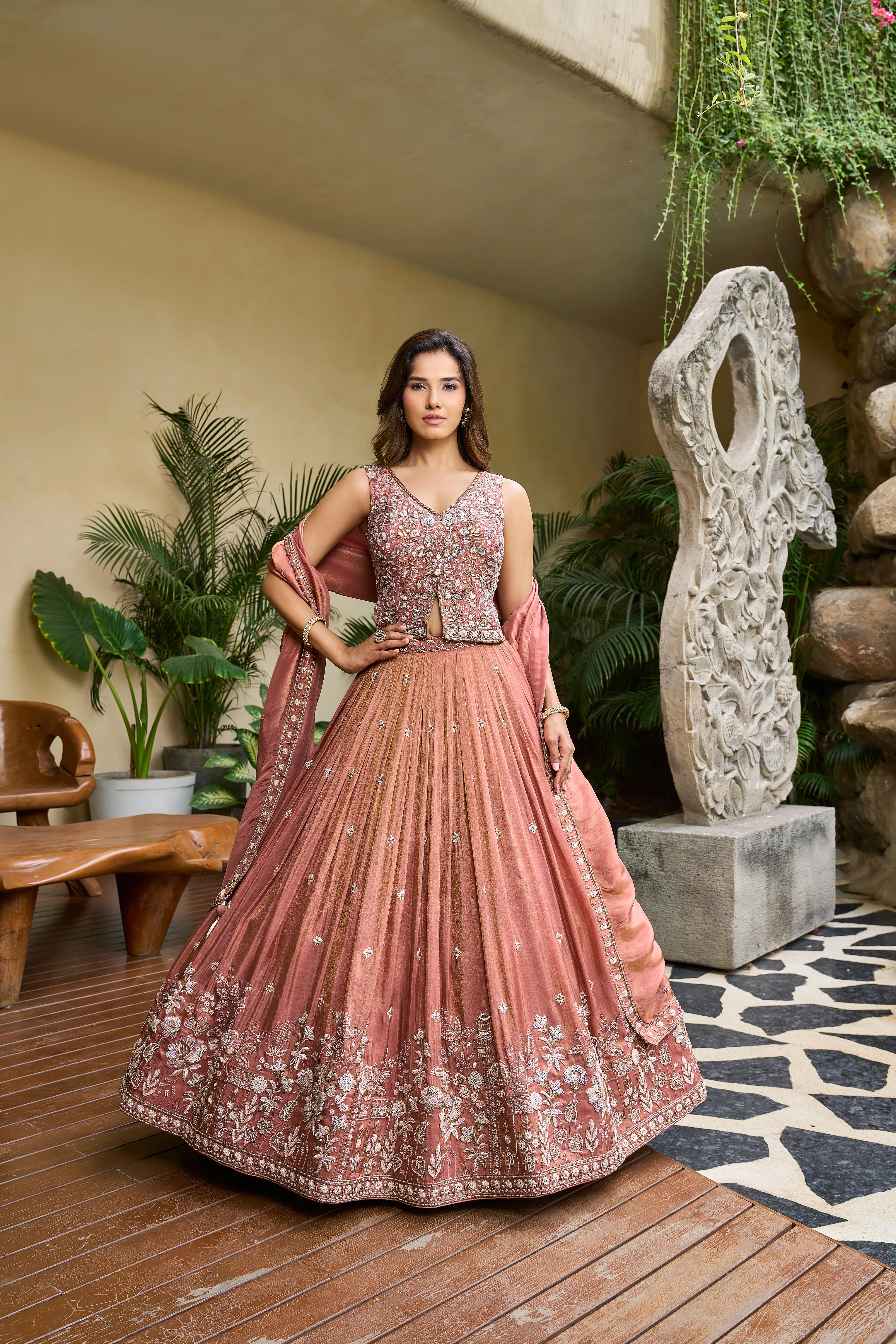 Dusty Rose Designer Gown with Embroidered Bodice & Floral Border Flair - Image 3