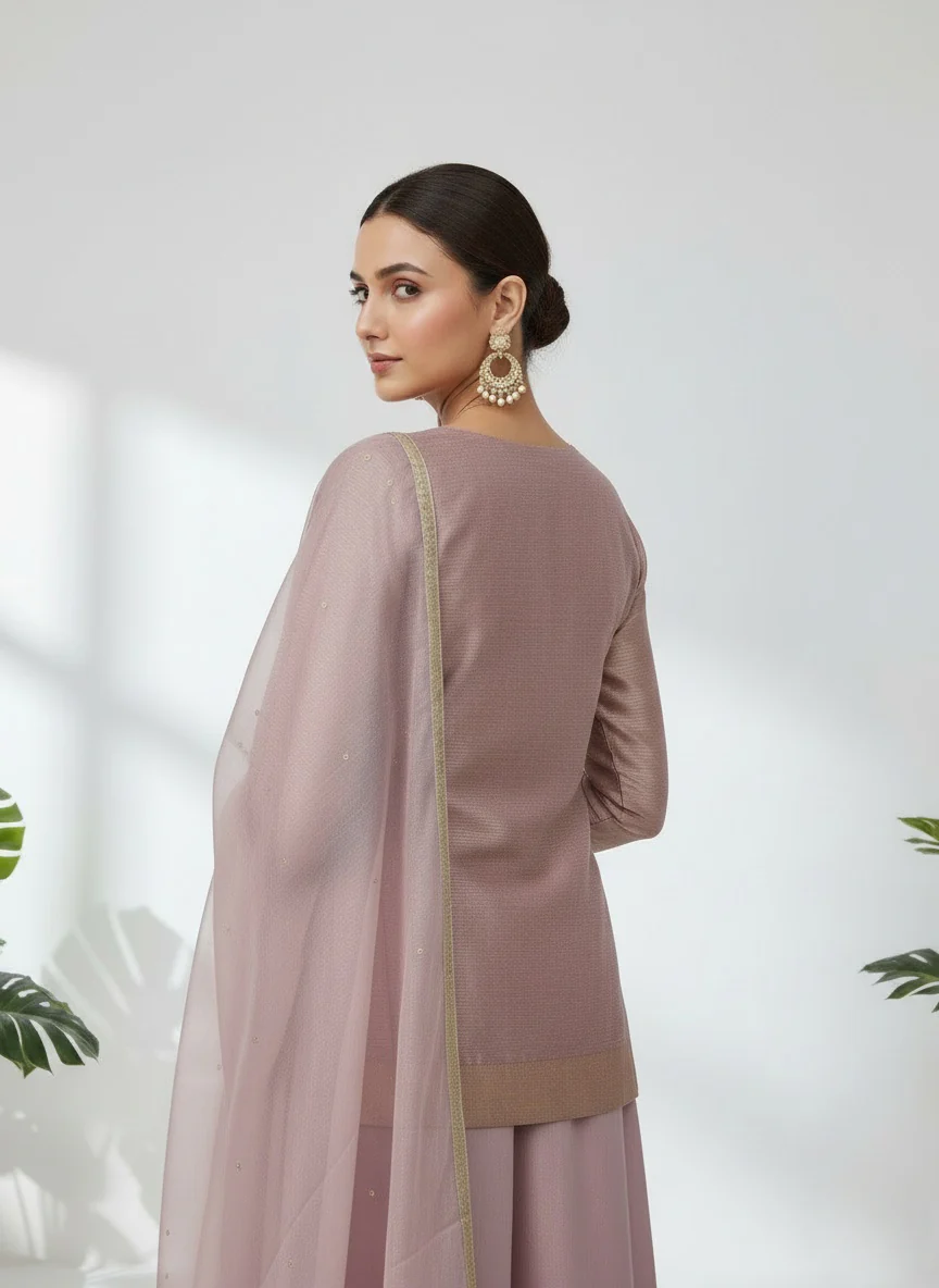 Dusty Rose Embroidered Top with Flowy Palazzo & Dupatta Set - Image 2