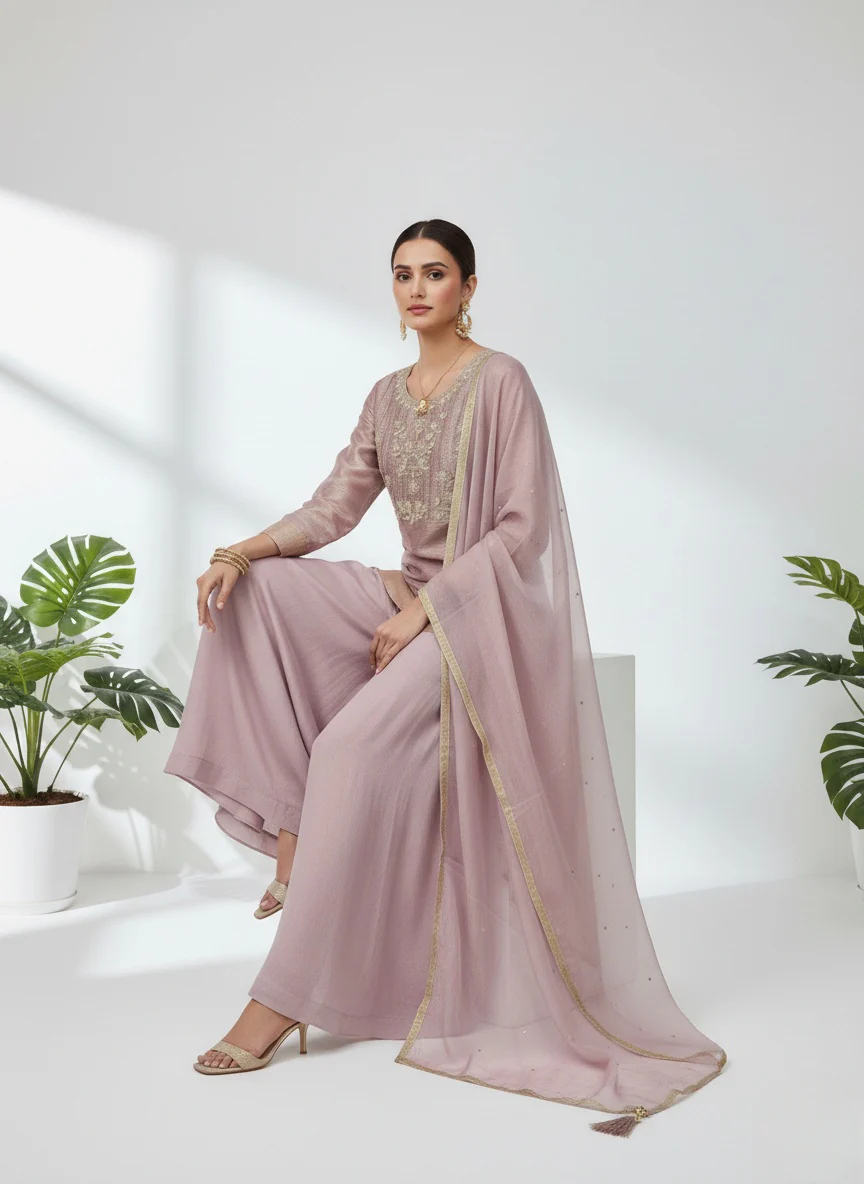 Dusty Rose Embroidered Top with Flowy Palazzo & Dupatta Set - Image 3