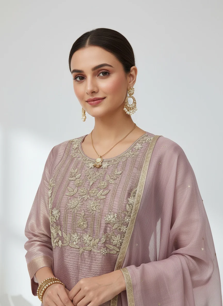 Dusty Rose Embroidered Top with Flowy Palazzo & Dupatta Set - Image 4