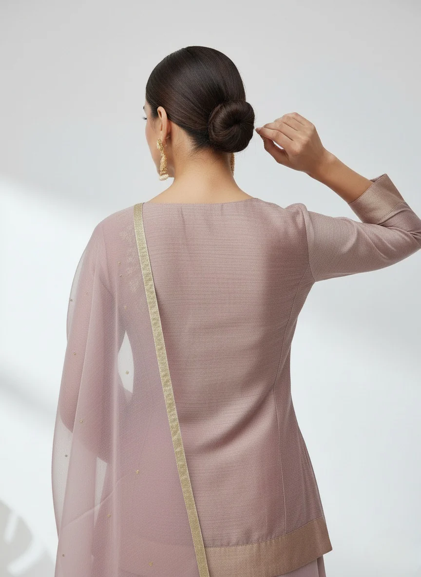 Dusty Rose Embroidered Top with Flowy Palazzo & Dupatta Set - Image 5