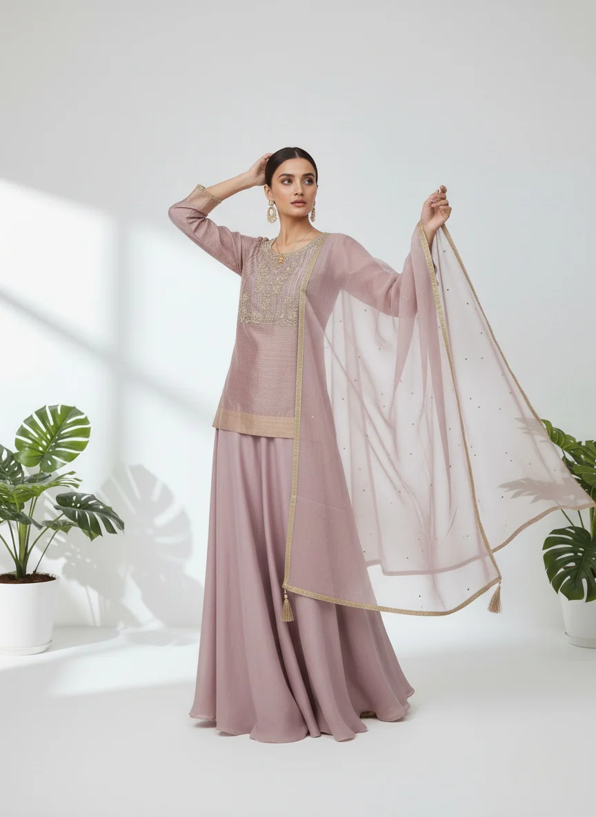 Dusty Rose Embroidered Top with Flowy Palazzo & Dupatta Set - Image 7