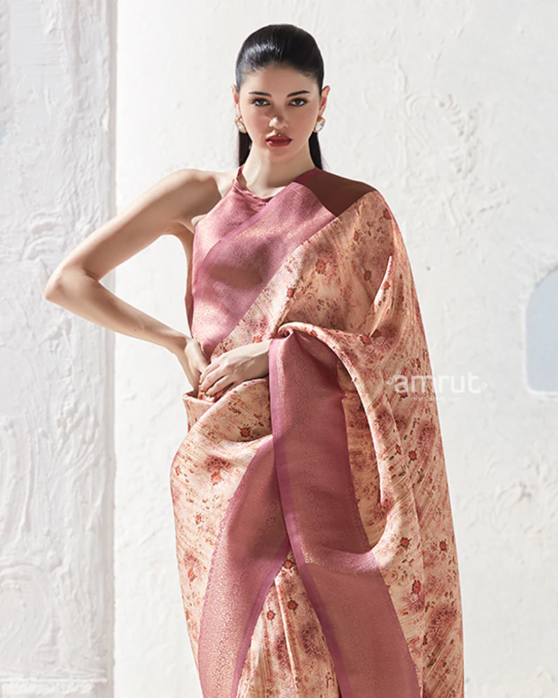 Dusty Rose Floral-Print Cream Silk Saree with Unstitched Blouse - Image 2