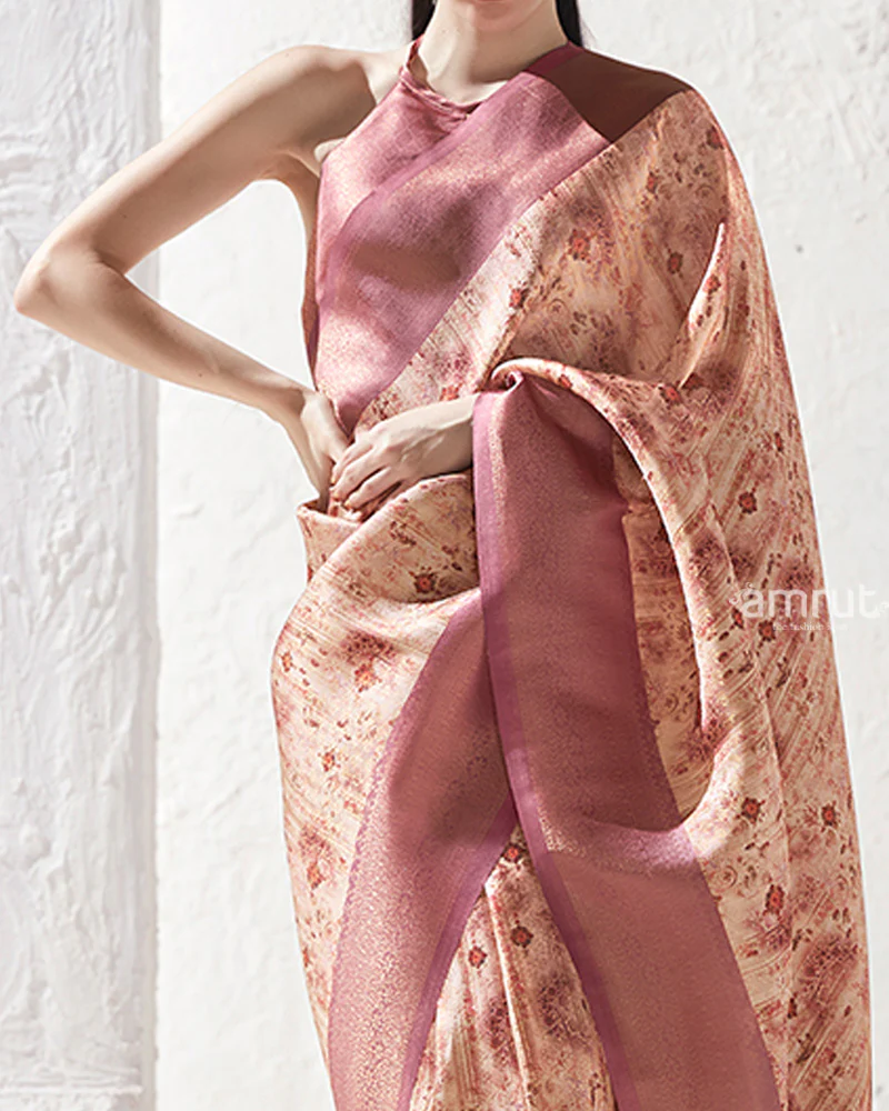 Dusty Rose Floral-Print Cream Silk Saree with Unstitched Blouse - Image 3