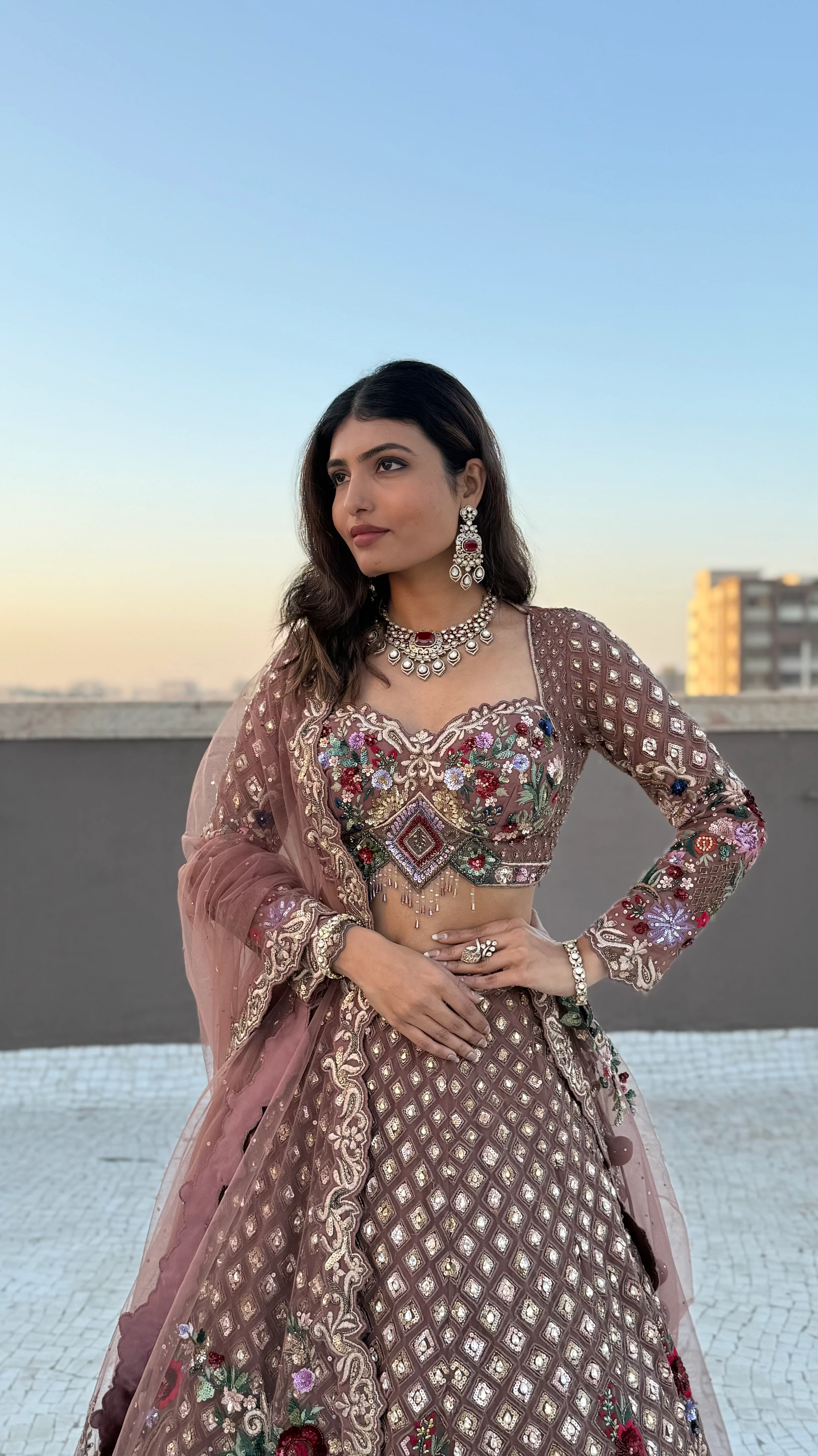Dusty Rose Hand-Embroidered Designer Lehenga Set with Floral & Mirror Work - Image 3