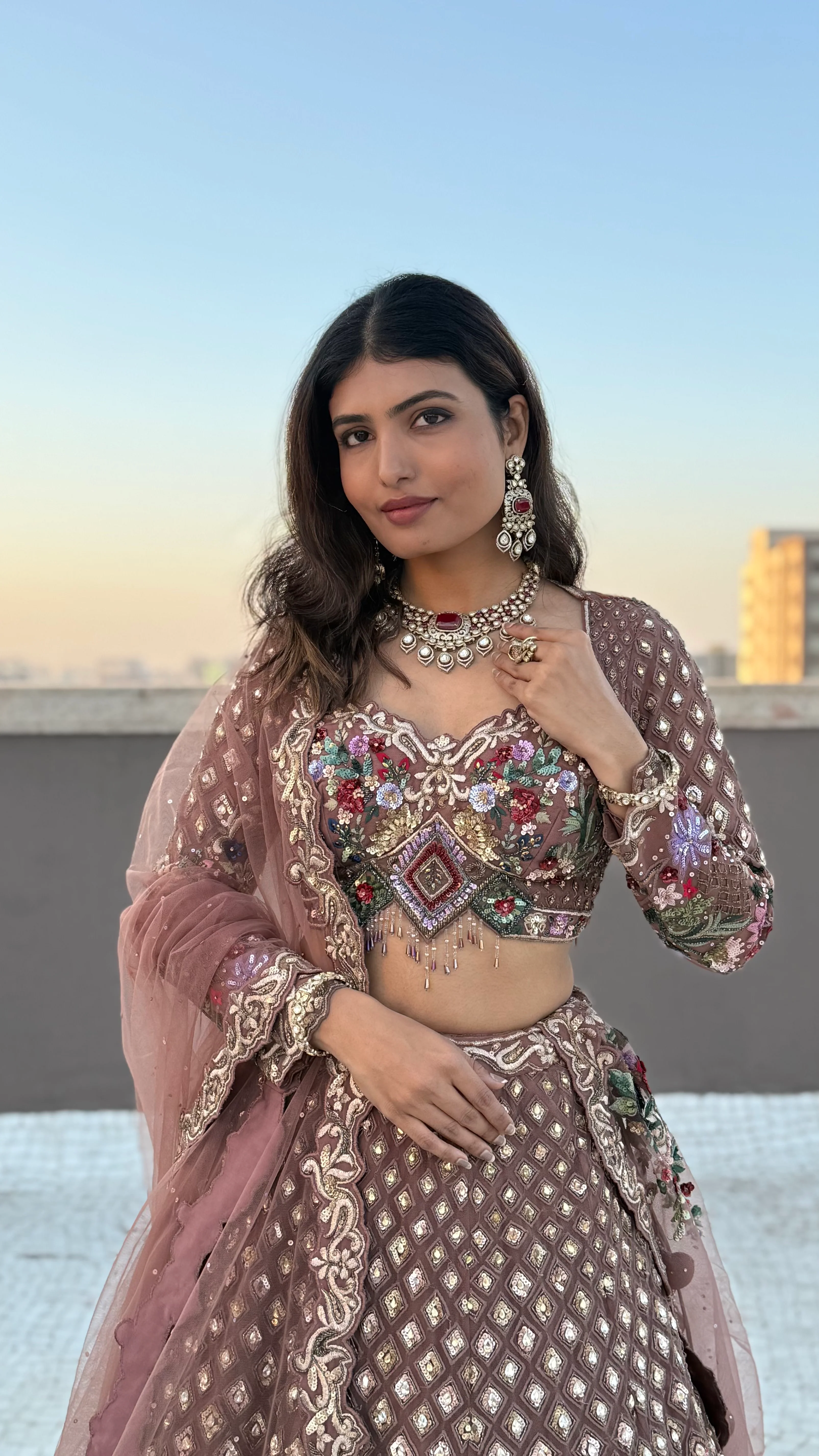 Dusty Rose Hand-Embroidered Designer Lehenga Set with Floral & Mirror Work - Image 4