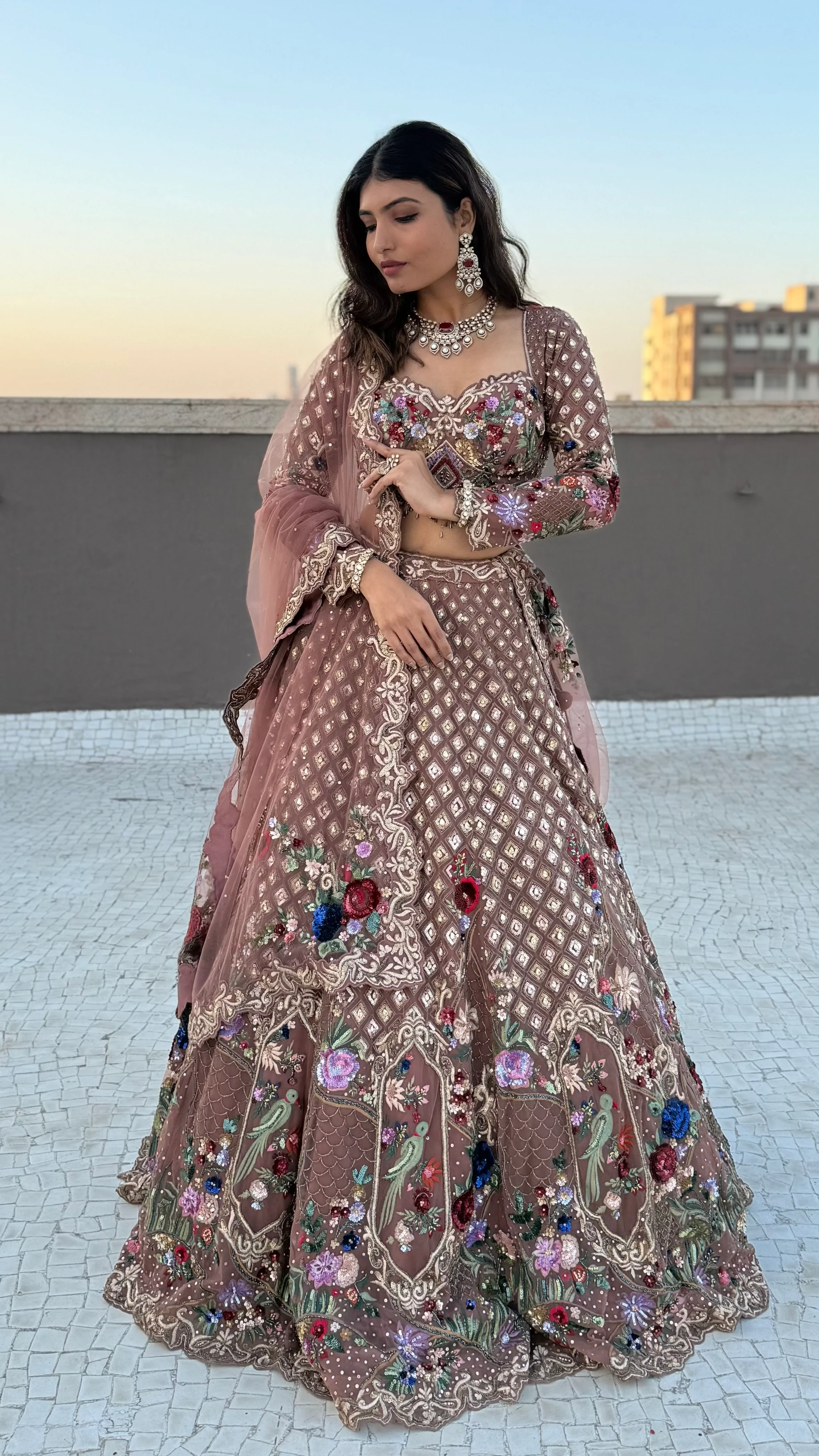 Dusty Rose Hand-Embroidered Designer Lehenga Set with Floral & Mirror Work - Image 5