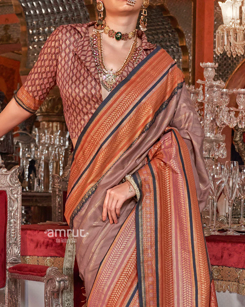 Dusty Rose Kanjivaram Silk Saree with Unstitched Blouse - Image 3