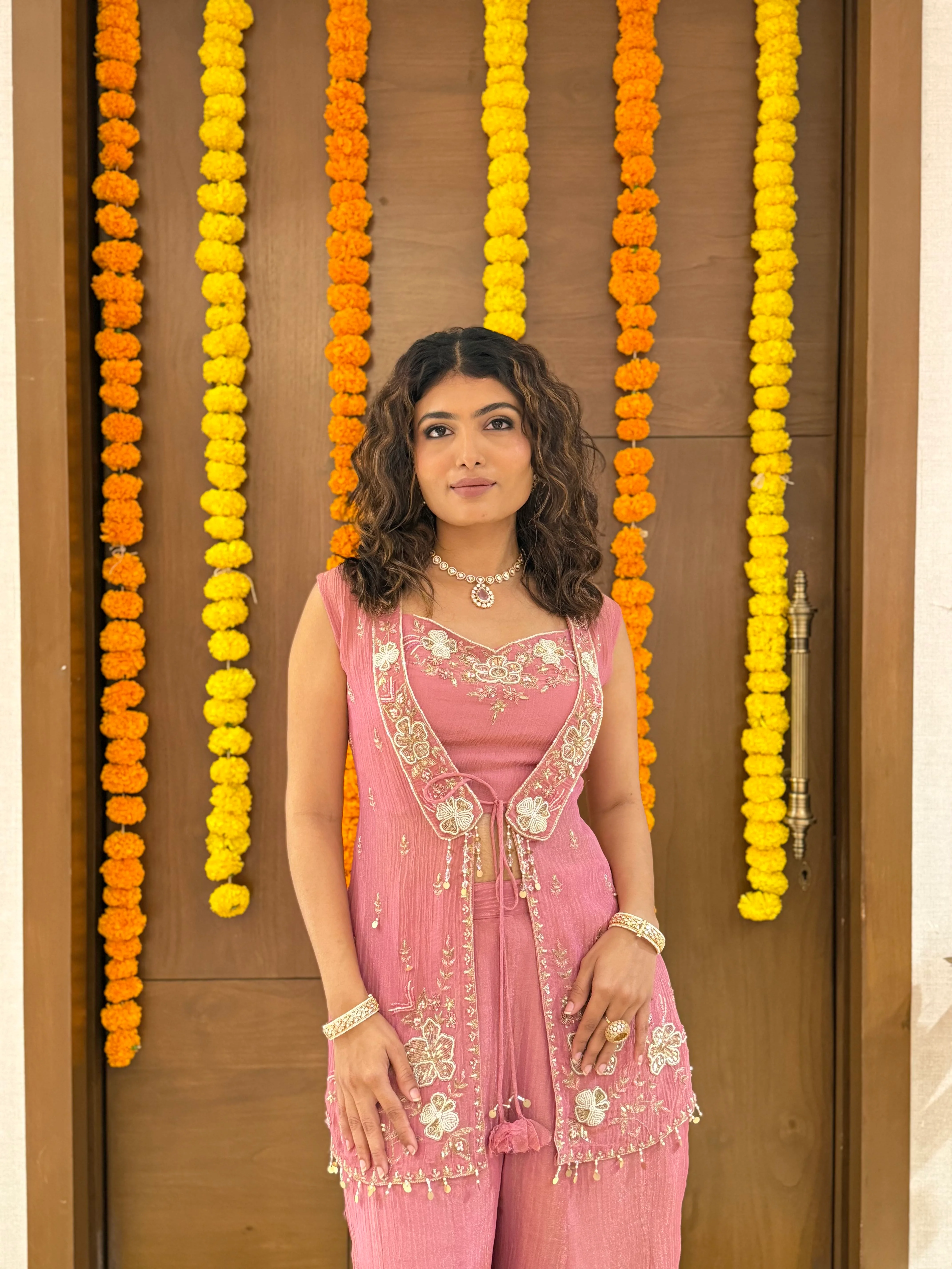 Dusty Rose Pink Embroidered Palazzo Set with Sleeveless Jacket - Image 3
