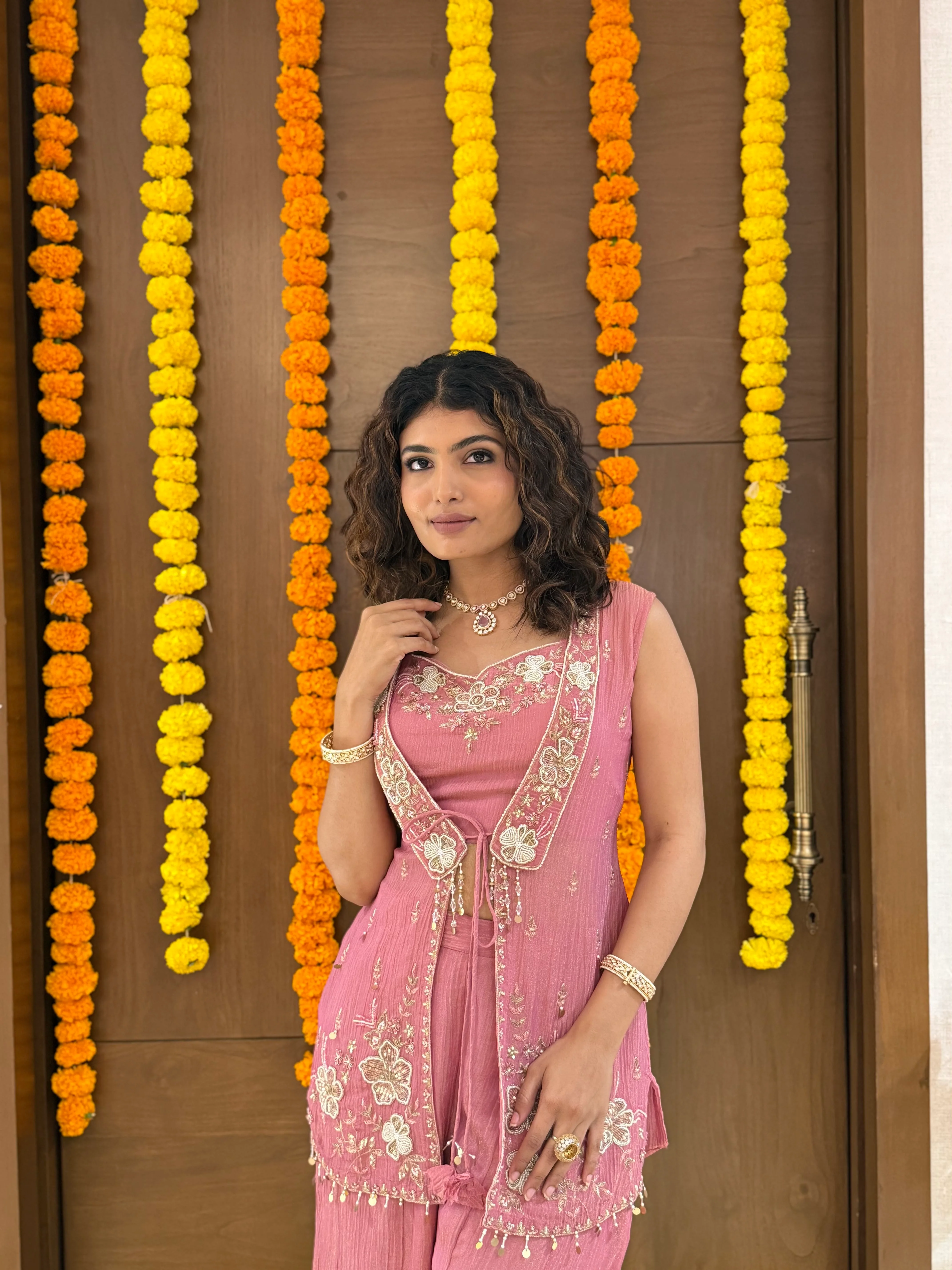 Dusty Rose Pink Embroidered Palazzo Set with Sleeveless Jacket - Image 4