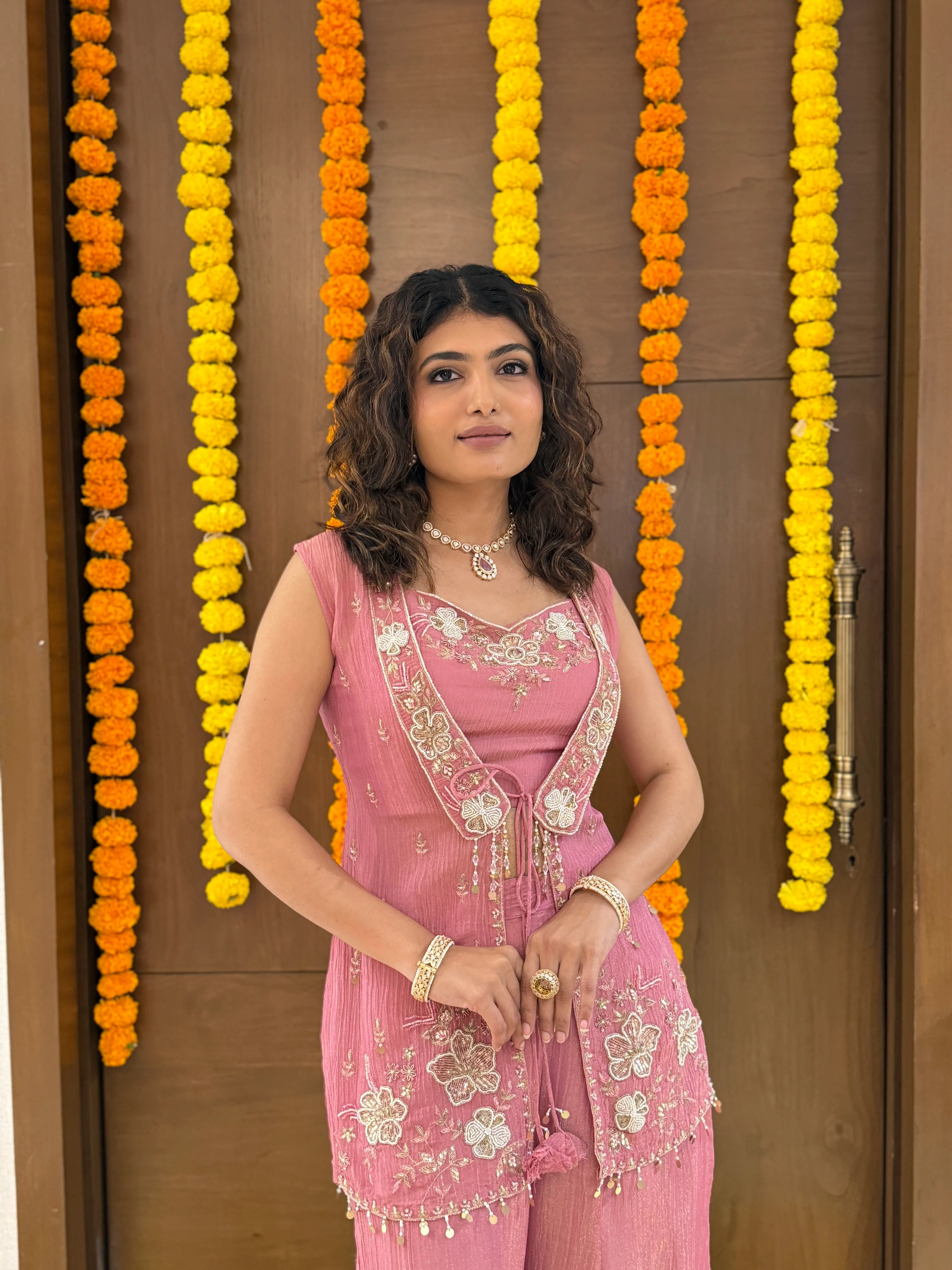 Dusty Rose Pink Embroidered Palazzo Set with Sleeveless Jacket - Image 5