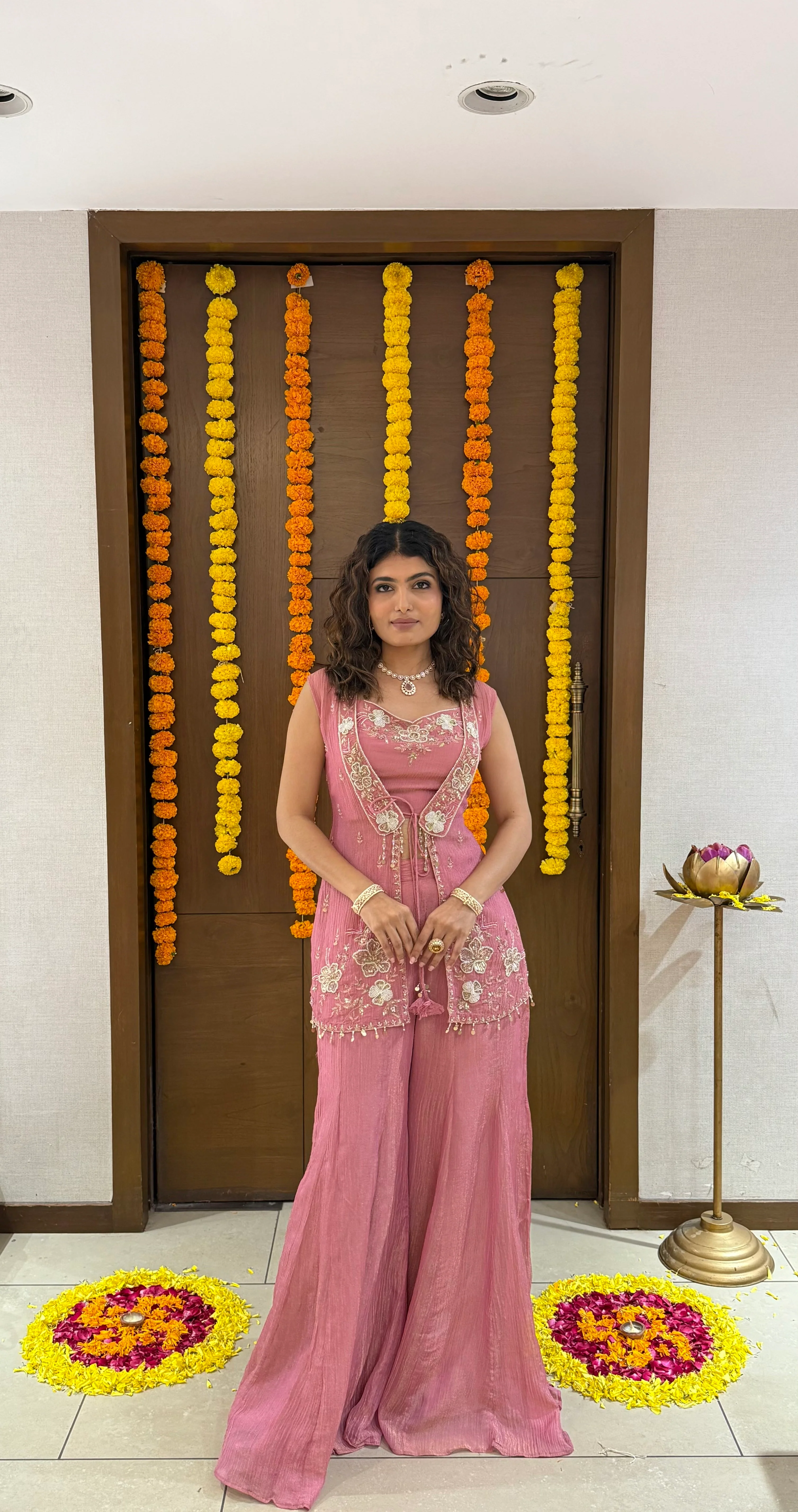 Dusty Rose Pink Embroidered Palazzo Set with Sleeveless Jacket - Image 6