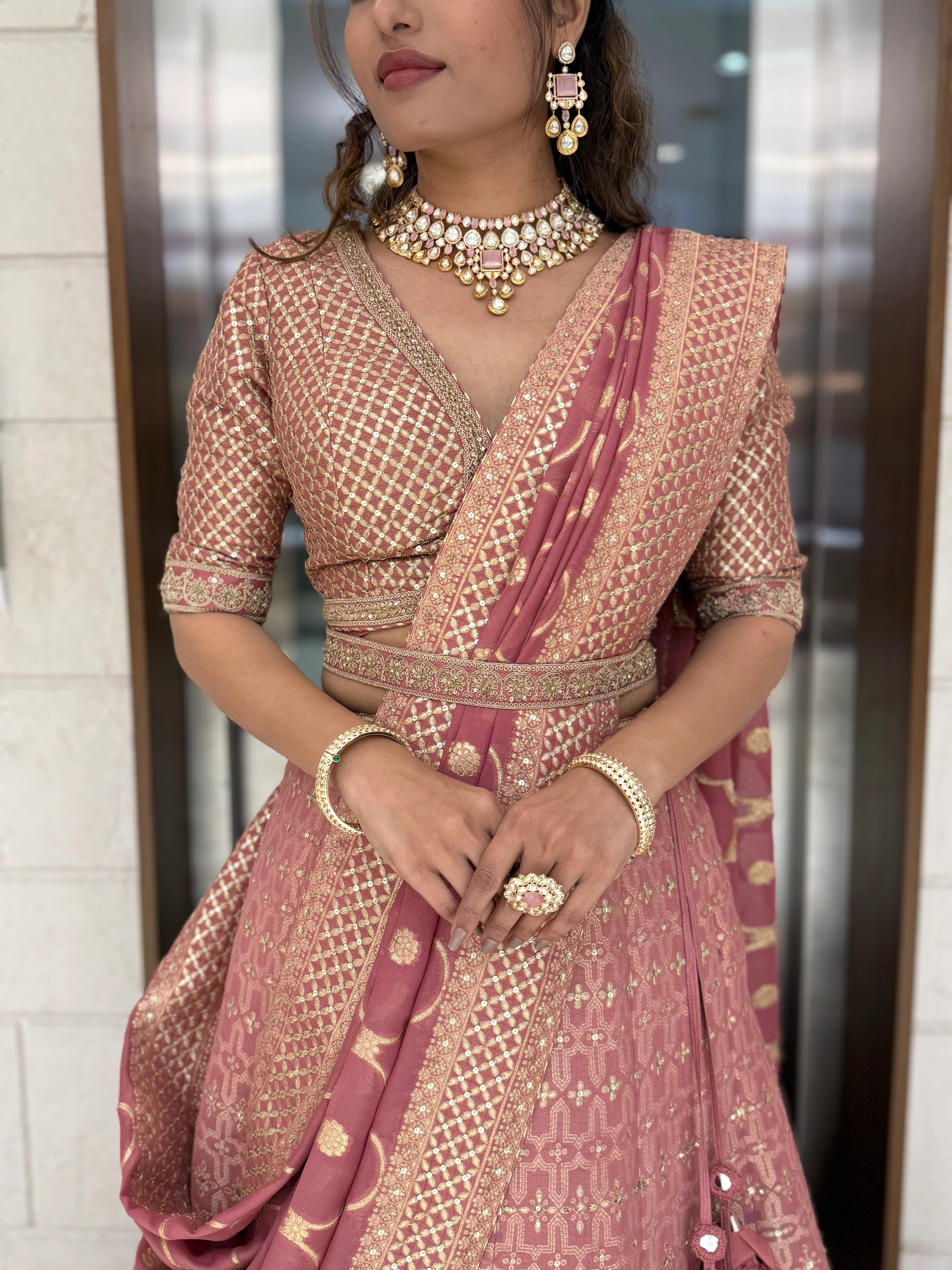 Dusty Rose Pink Zari Woven Silk Lehenga Set with Designer Blouse & Dupatta - Image 2