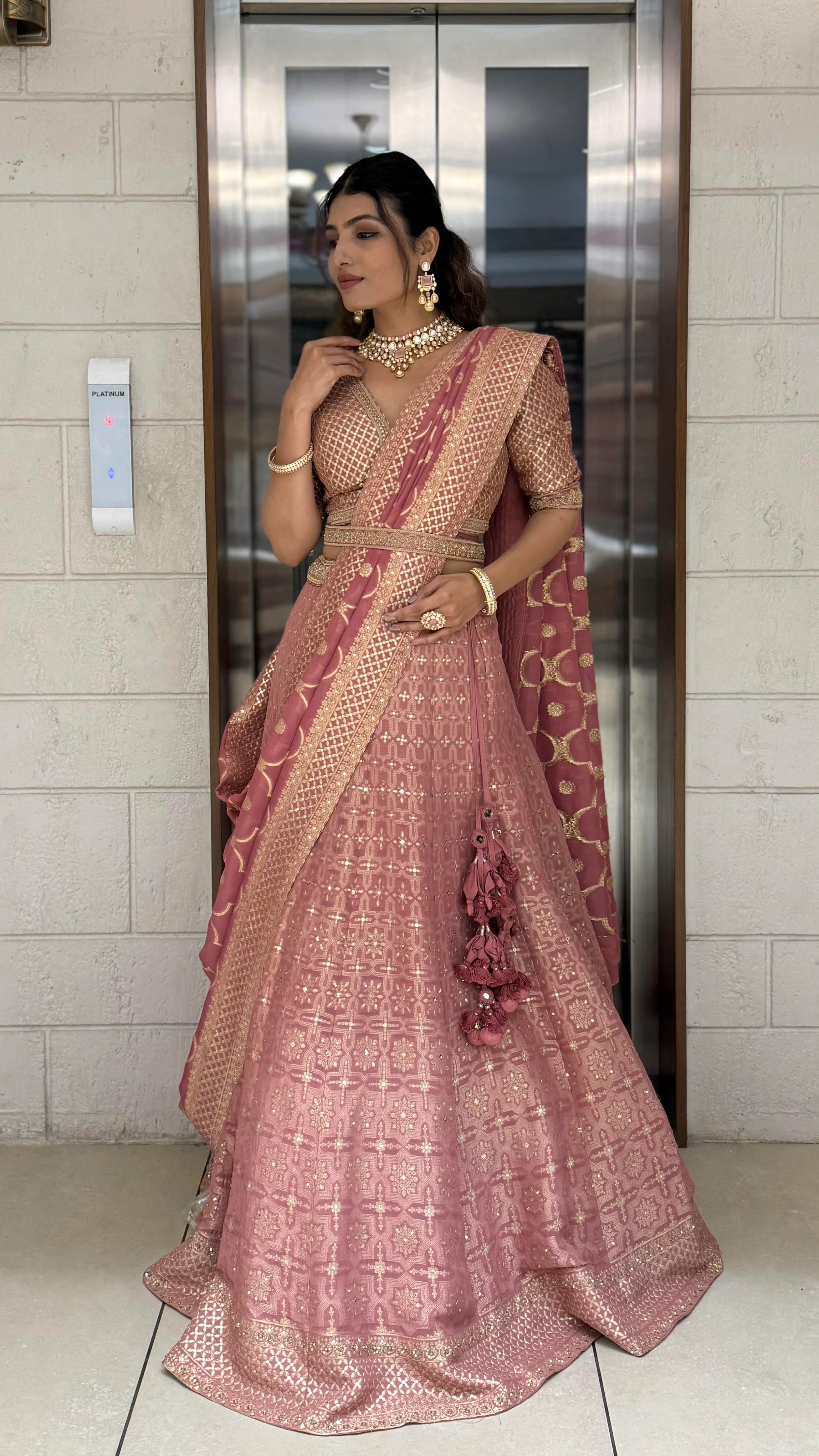 Dusty Rose Pink Zari Woven Silk Lehenga Set with Designer Blouse & Dupatta - Image 3