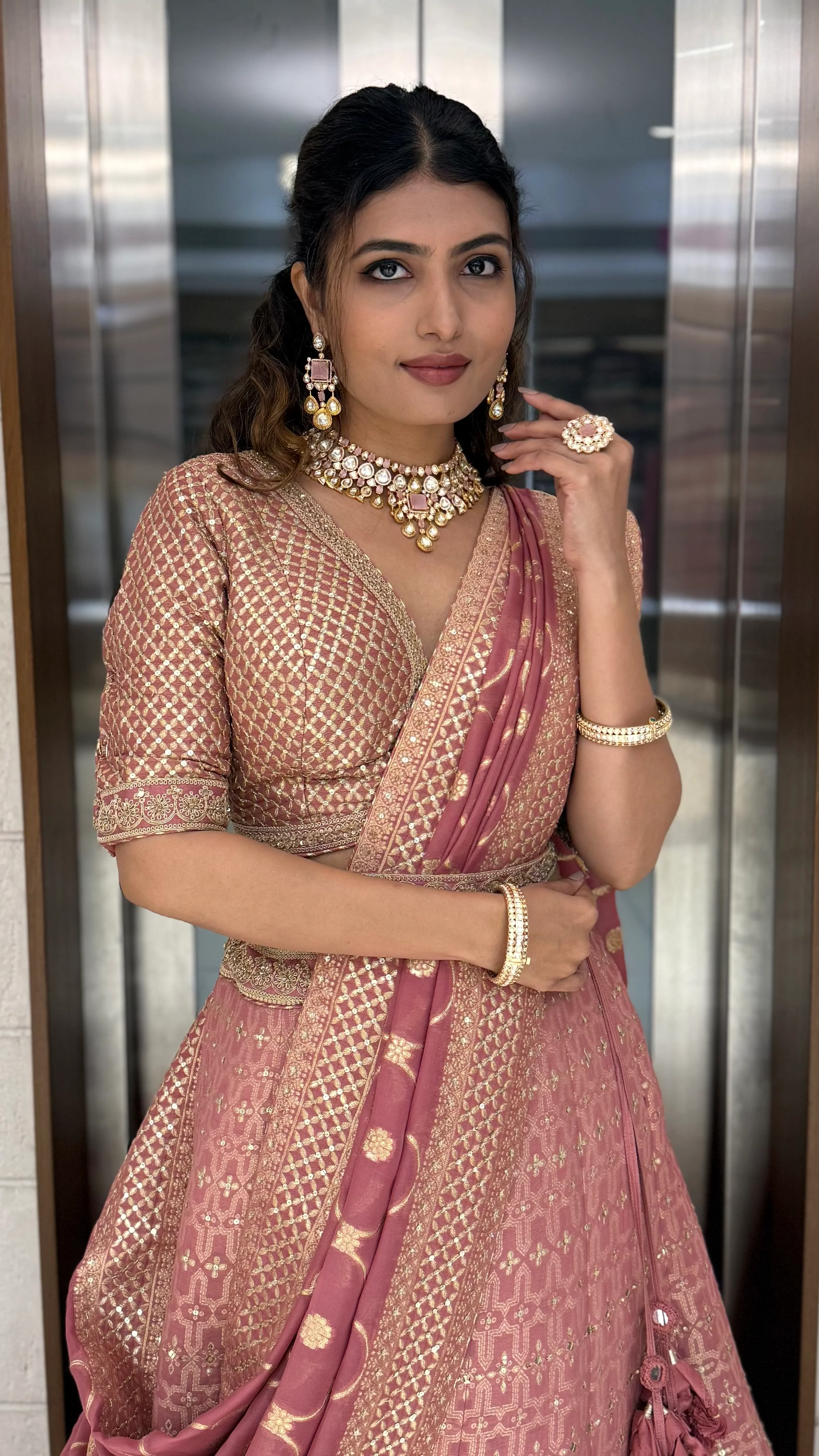 Dusty Rose Pink Zari Woven Silk Lehenga Set with Designer Blouse & Dupatta - Image 4