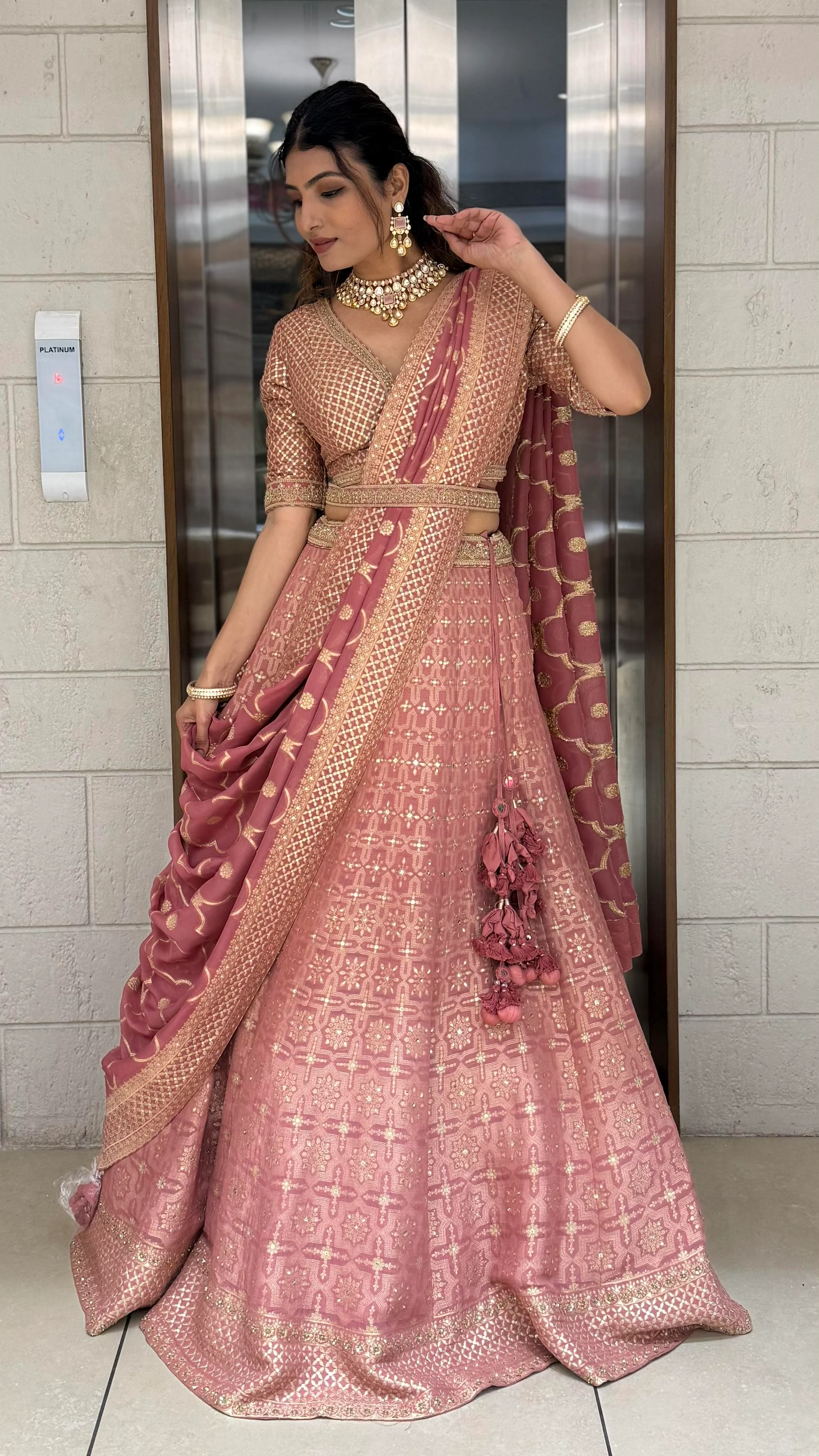 Dusty Rose Pink Zari Woven Silk Lehenga Set with Designer Blouse & Dupatta - Image 5