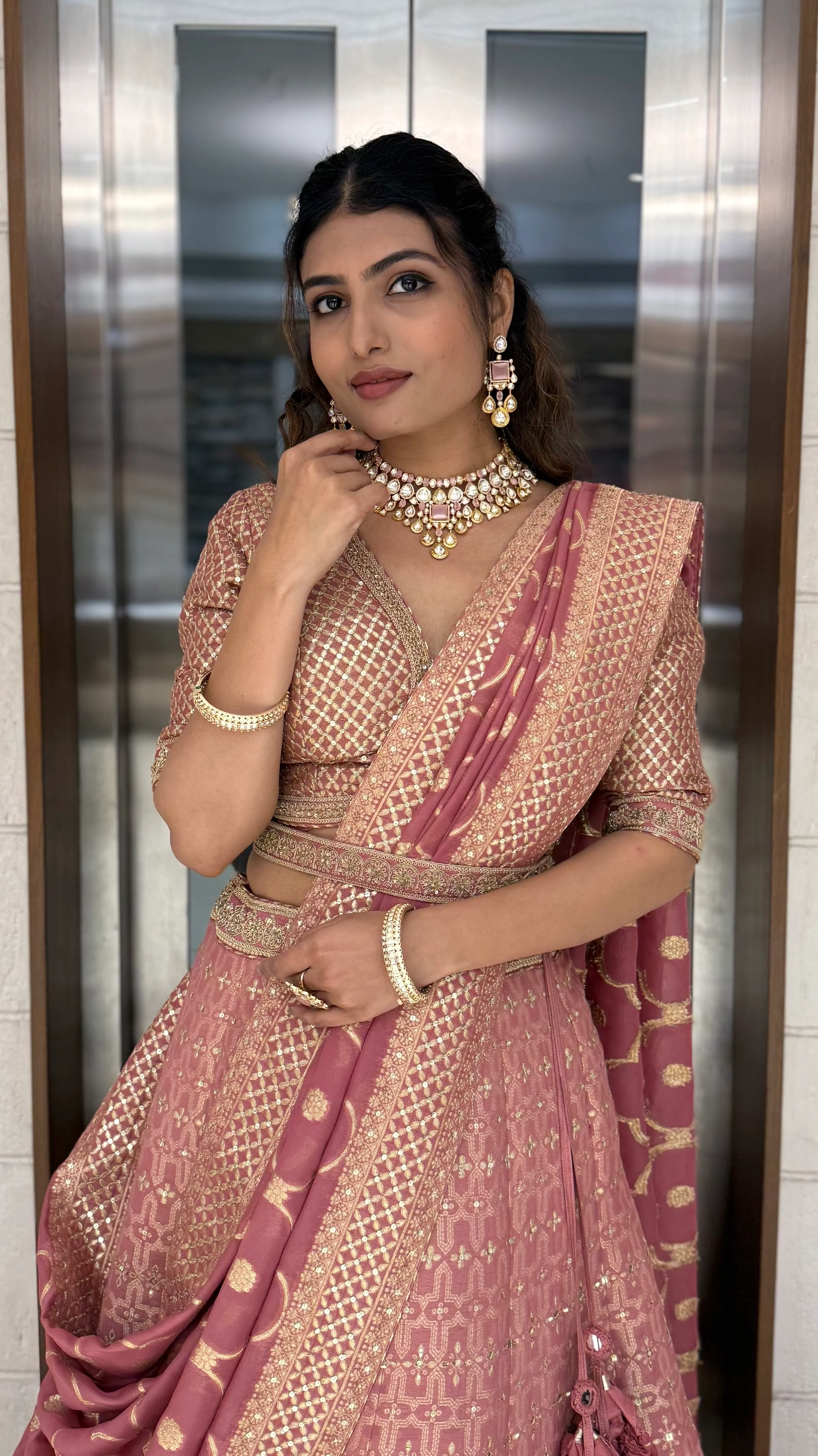 Dusty Rose Pink Zari Woven Silk Lehenga Set with Designer Blouse & Dupatta - Image 6