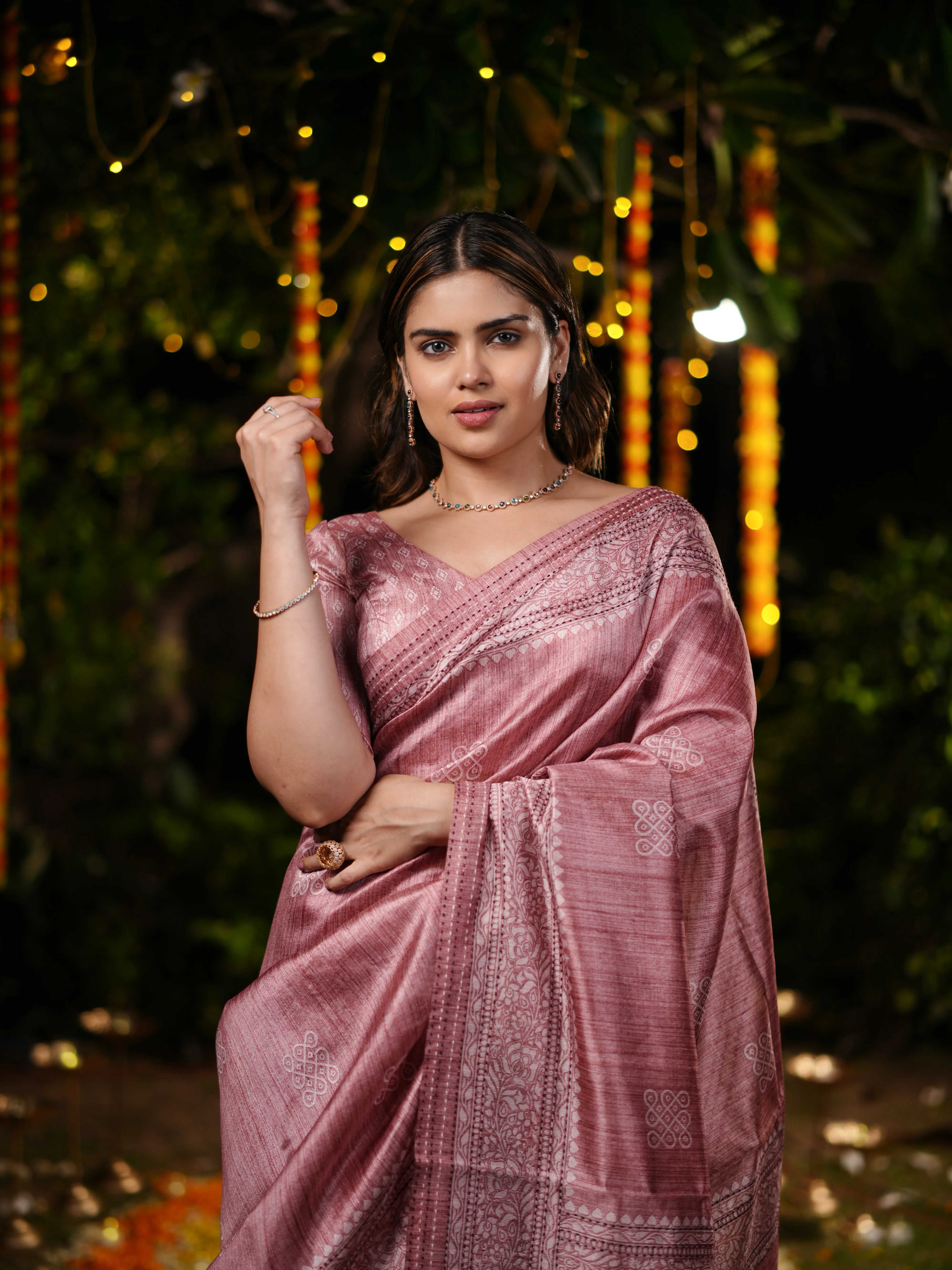 Dusty Rose PV Cotton Khadi Saree with Intricate Woven Motifs and Unstitched Blouse - Image 3