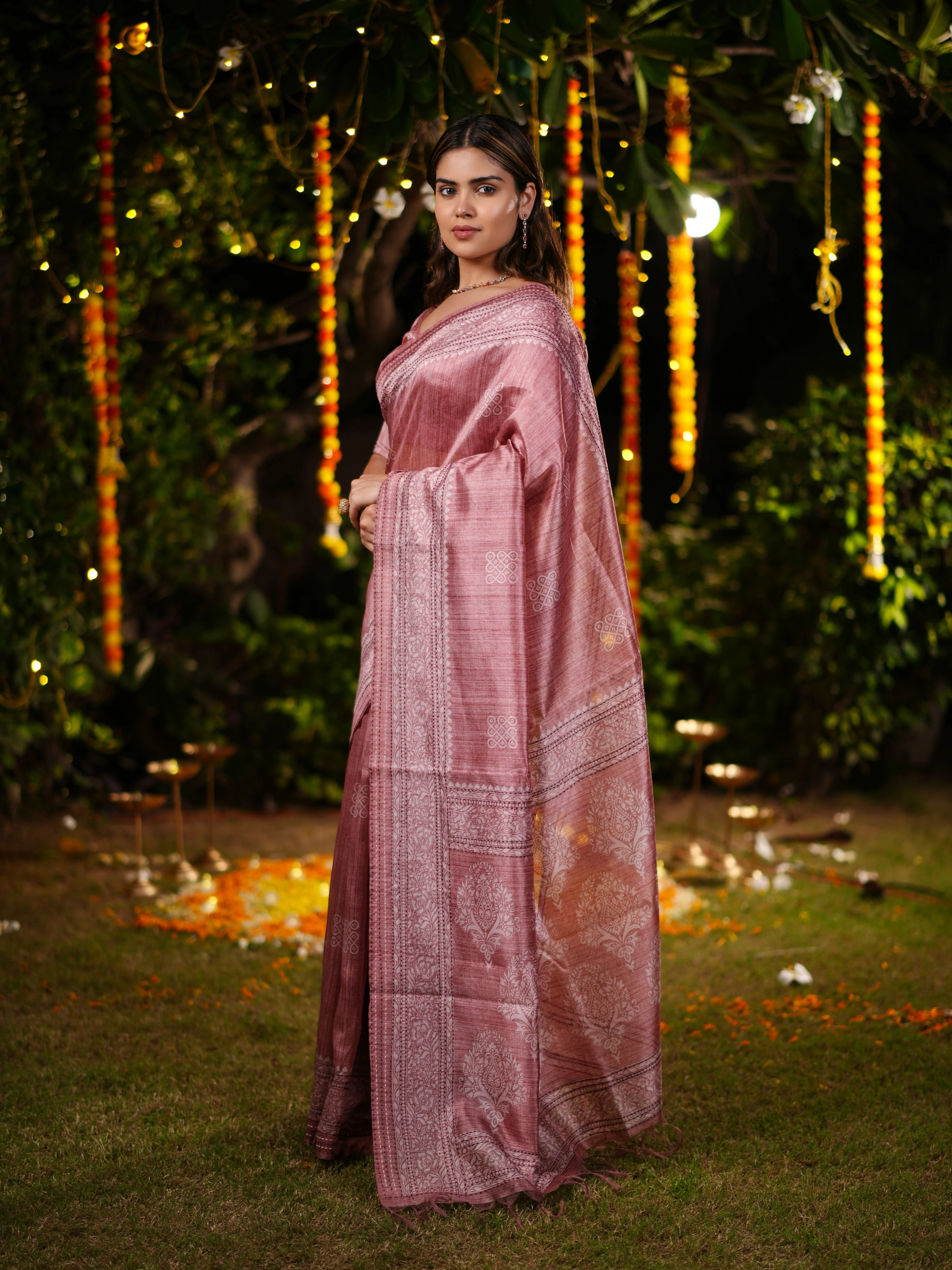 Dusty Rose PV Cotton Khadi Saree with Intricate Woven Motifs and Unstitched Blouse - Image 4