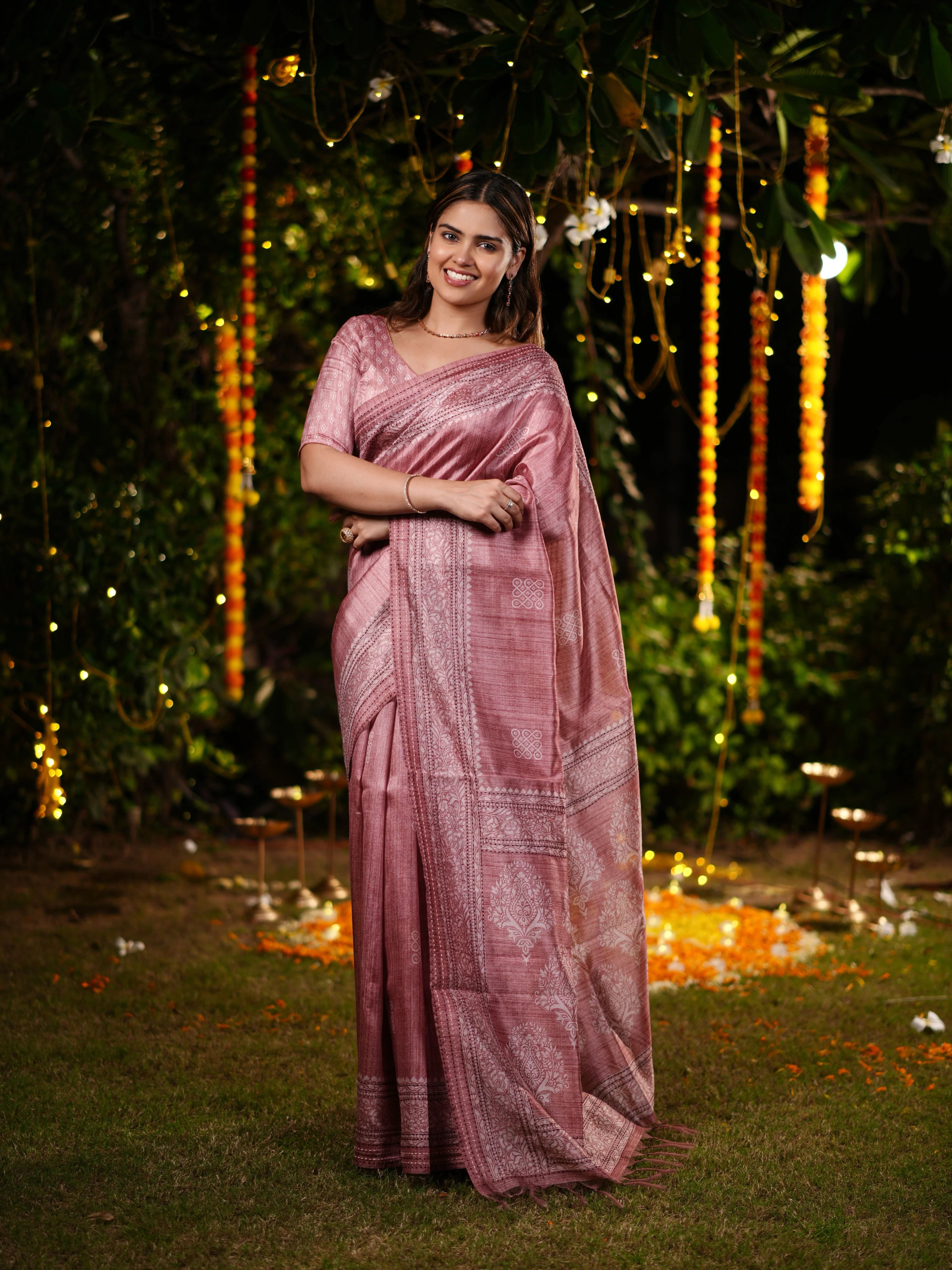 Dusty Rose PV Cotton Khadi Saree with Intricate Woven Motifs and Unstitched Blouse - Image 6