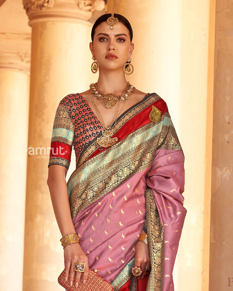 Dusty Rose with Deep Red and  Mint Green Borders Printed Patola Silk Saree with Unstitched Blouse - Image 2