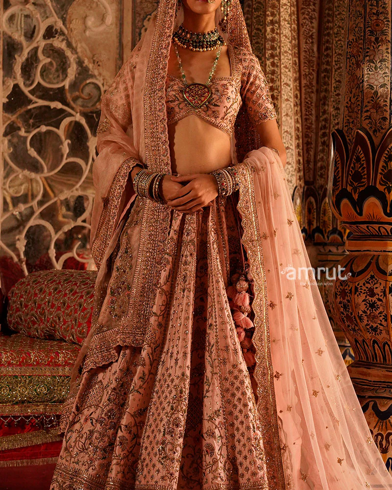 Dusty Rose with Gold Embellishments and Sheer Dupatta Bridal Lehenga Choli - Image 3