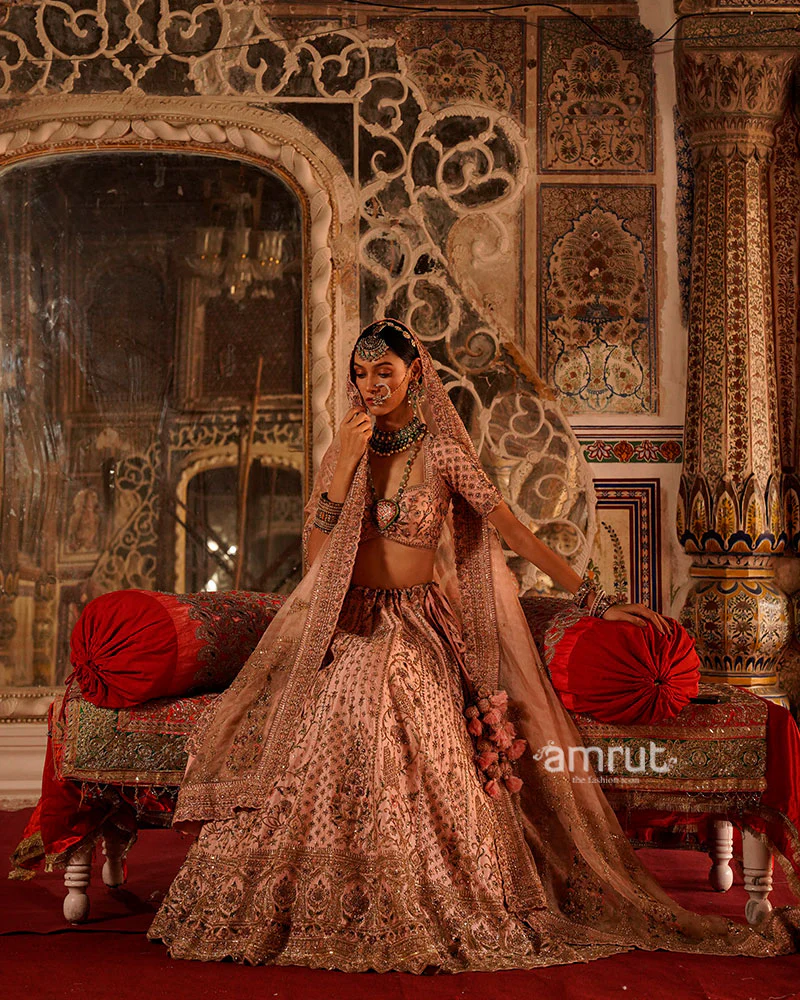 Dusty Rose with Gold Embellishments and Sheer Dupatta Bridal Lehenga Choli - Image 4