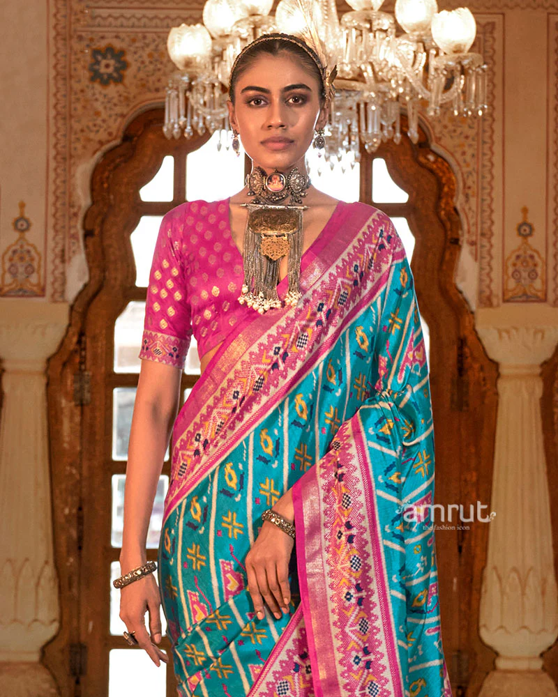 Electric Blue Patola Printed Silk Saree with Unstitched Blouse - Image 2