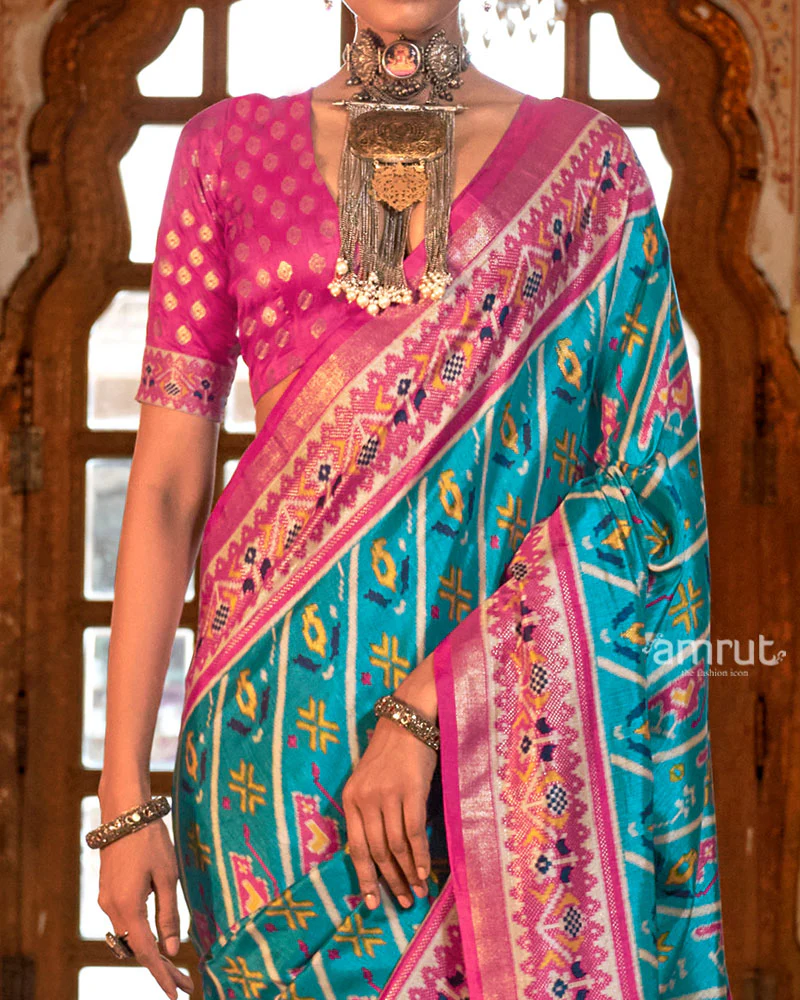 Electric Blue Patola Printed Silk Saree with Unstitched Blouse - Image 3