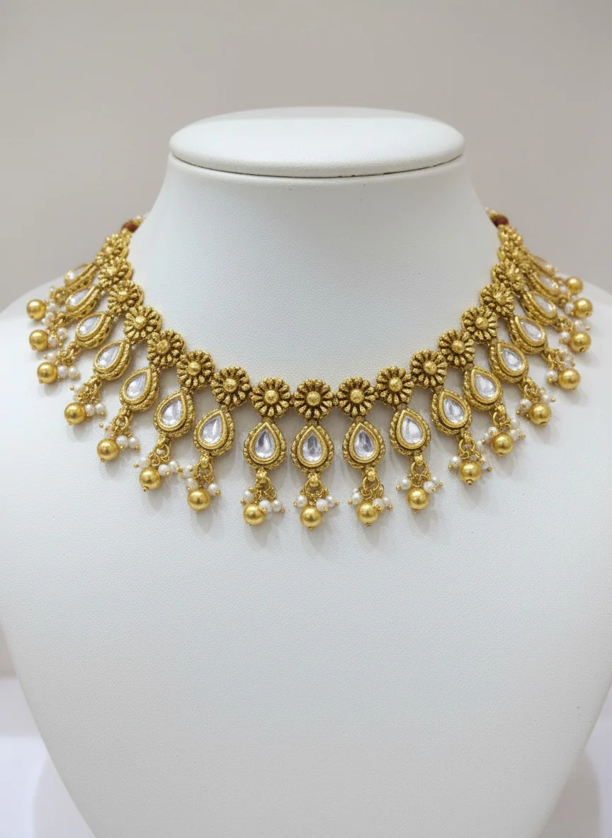 Elegant Antique Gold Necklace Set with Kundan & Pearl Drops - Image 3