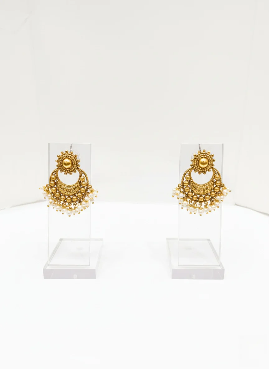 Elegant Antique Gold Pearl Choker Necklace Set with Designer Earrings - Image 2
