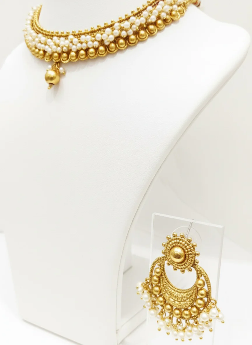 Elegant Antique Gold Pearl Choker Necklace Set with Designer Earrings - Image 3